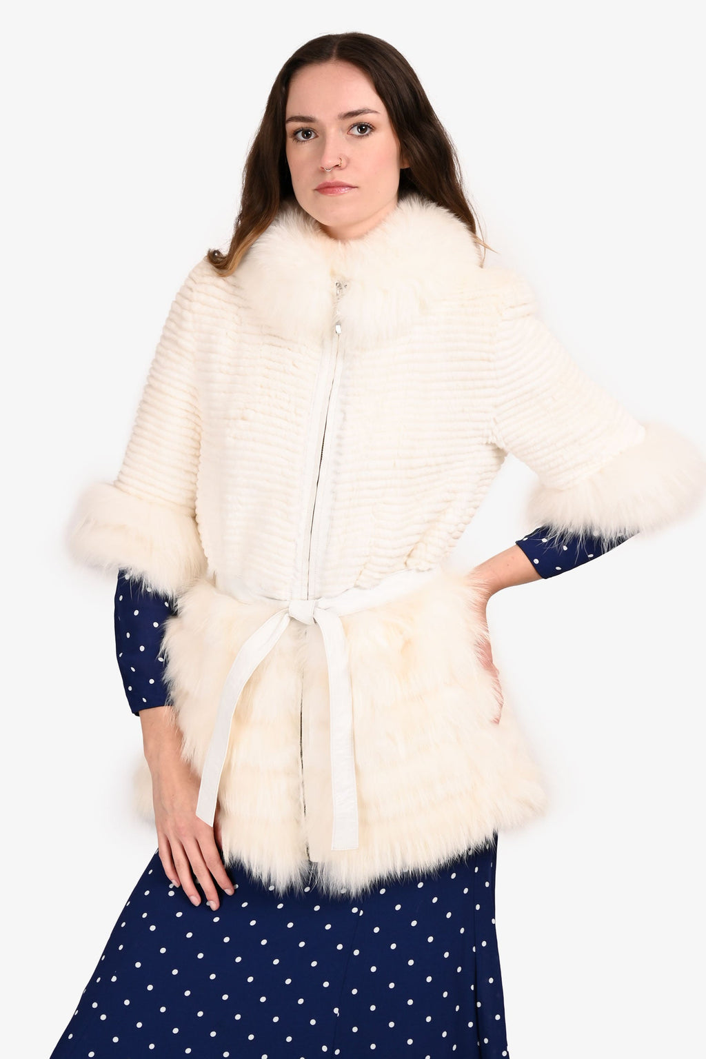 Vintage White Racoon Fur Zip Up Coat Size M