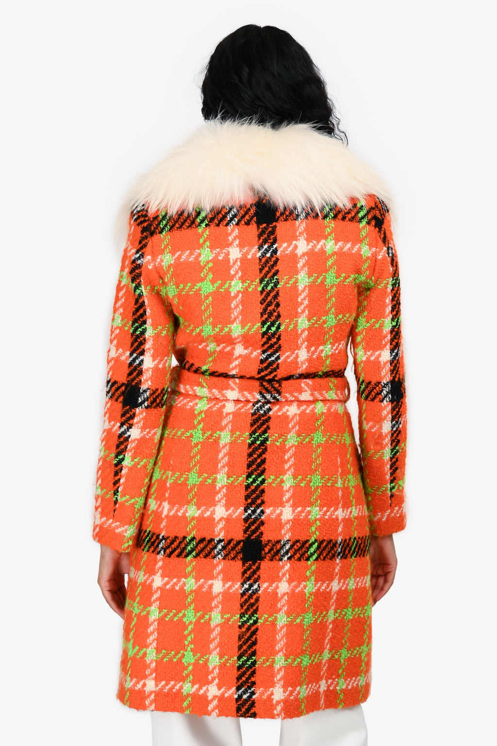 Boutique Moschino Orange/White Wool Tartan Detachable Fur Collar Coat Size 4 US
