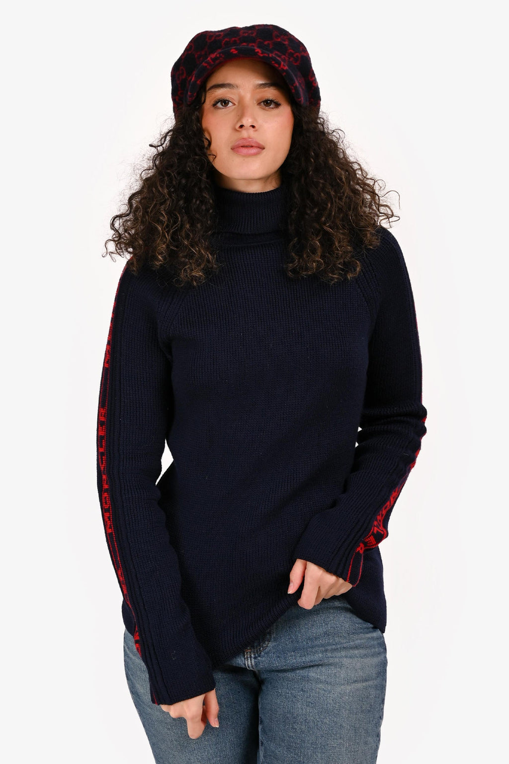 Moncler Navy/Red Wool Logo Sleeve Turtle Neck Sweater Size S