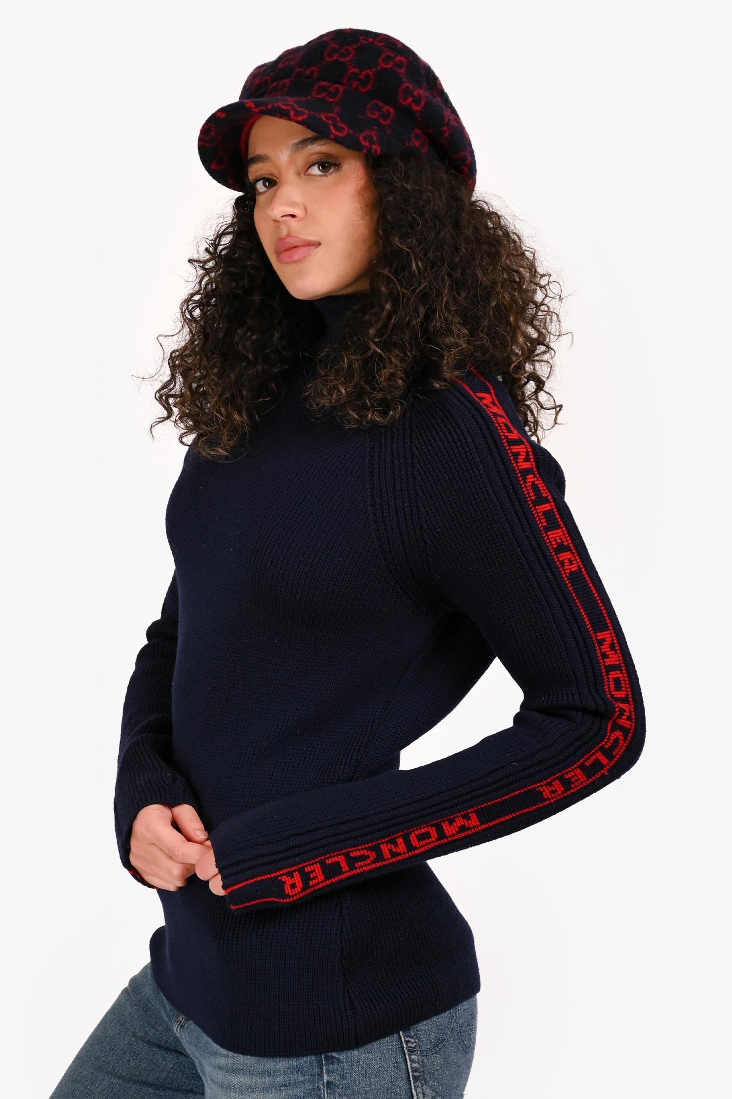 Moncler Navy/Red Wool Logo Sleeve Turtle Neck Sweater Size S