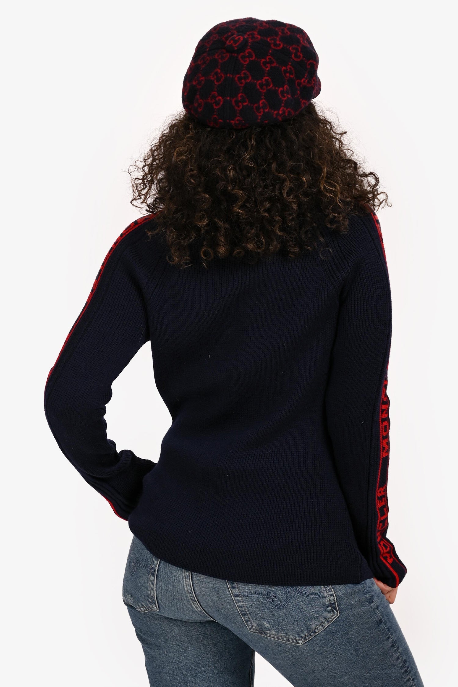 Moncler Navy/Red Wool Logo Sleeve Turtle Neck Sweater Size S