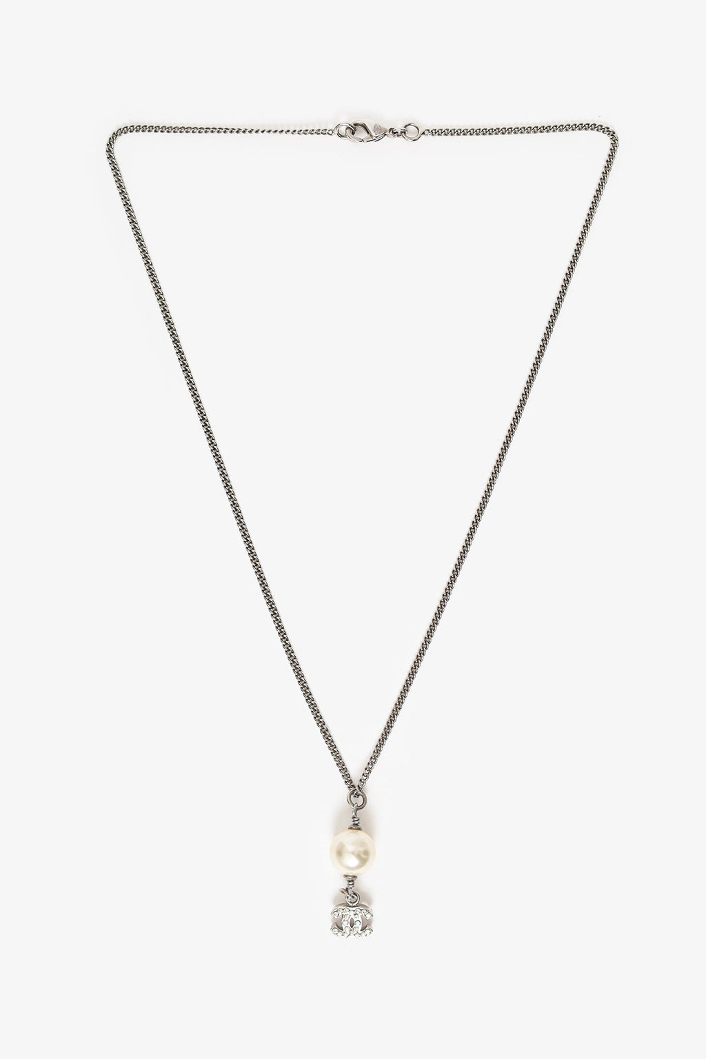 Pre-Loved Chanel™ Silver Tone Faux Pearl CC Drop Pendant Necklace