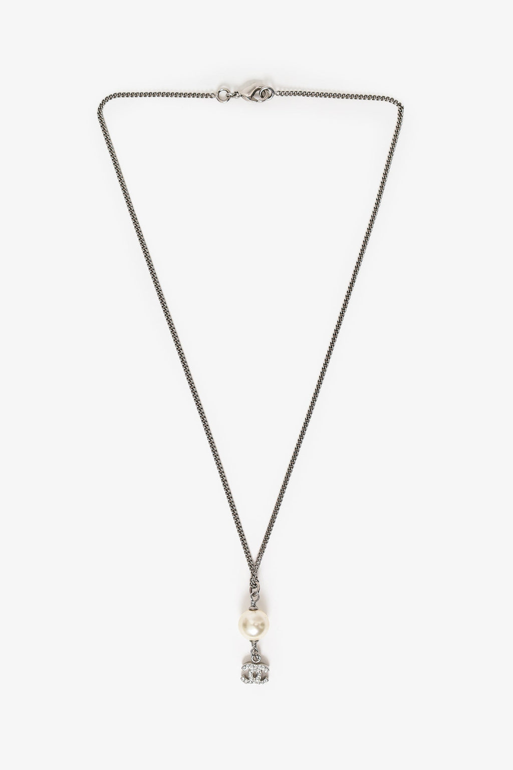 Pre-Loved Chanel™ Silver Tone Faux Pearl CC Drop Pendant Necklace