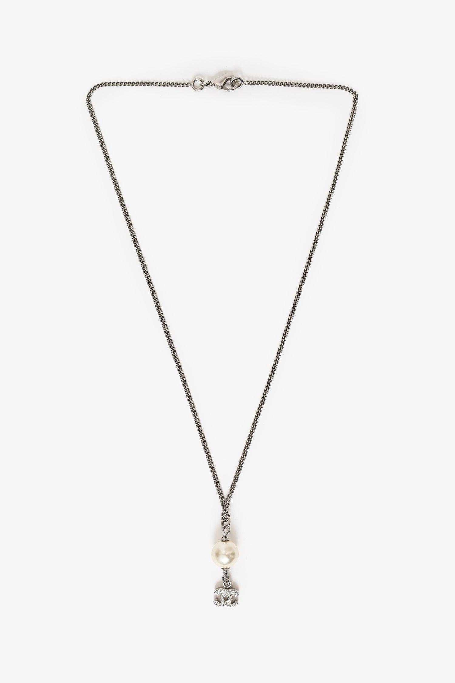 Pre-Loved Chanel™ Silver Tone Faux Pearl CC Drop Pendant Necklace