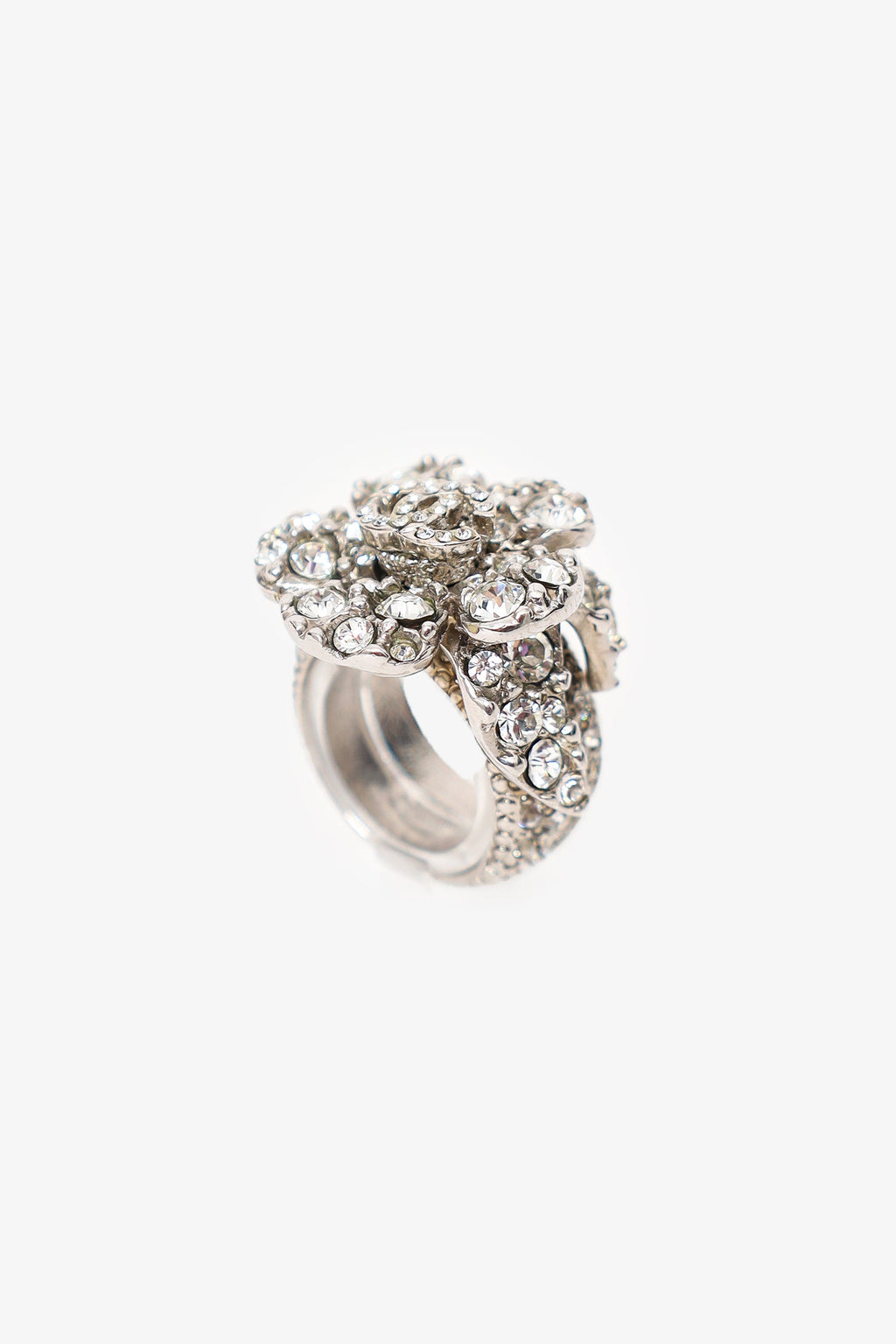 Pre-Loved Chanel™ Silver Tone Crystal Camellia Flower Ring