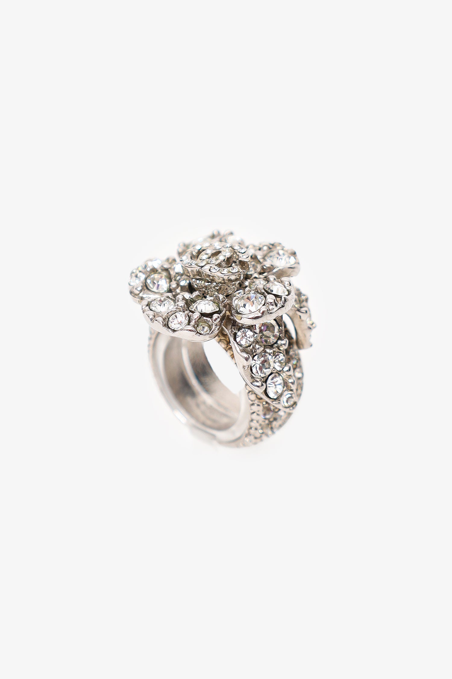 Pre-Loved Chanel™ Silver Tone Crystal Camellia Flower Ring