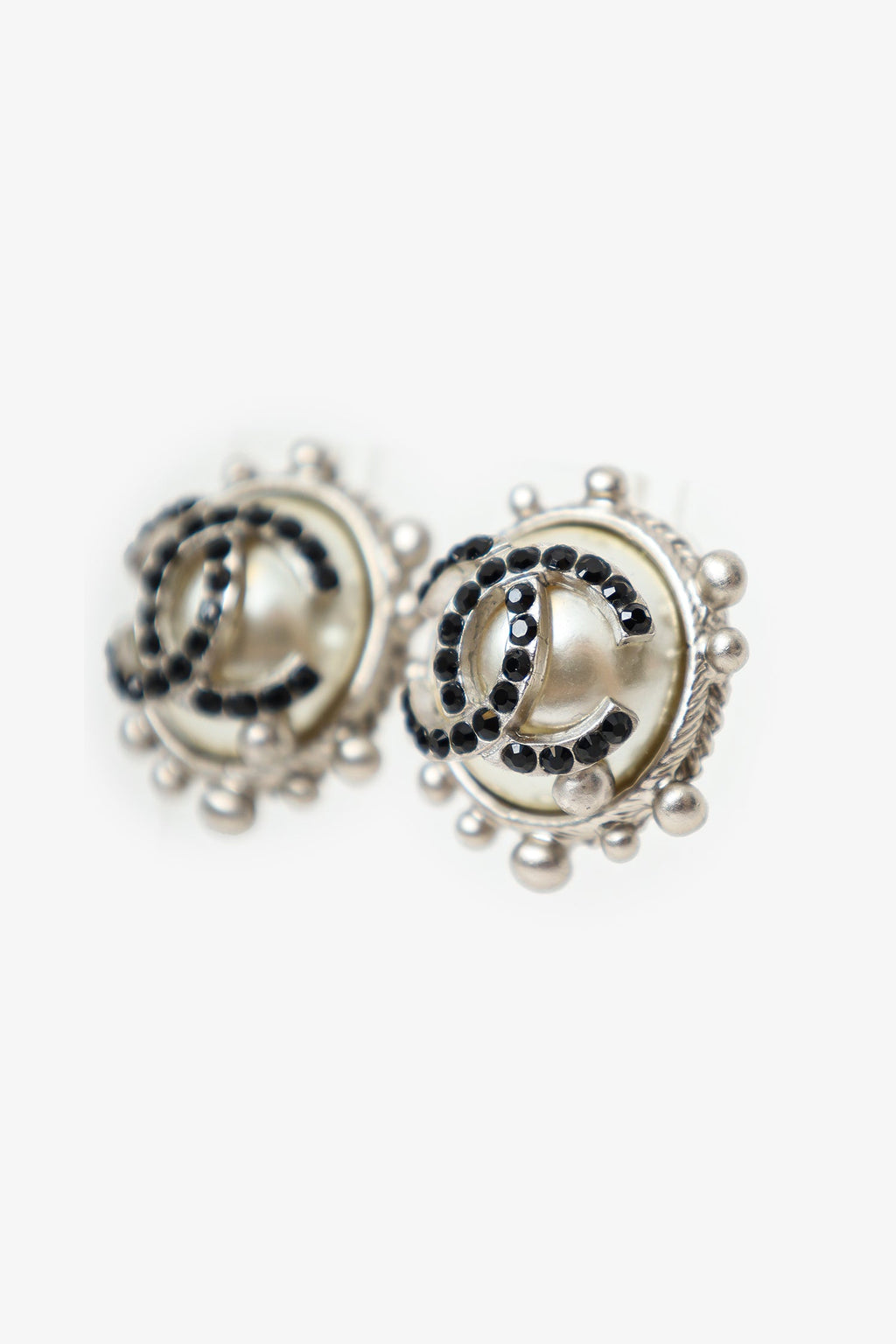 Pre-Loved Chanel™ Silver Tone Faux Pearl CC Crystal Embellished Earrings