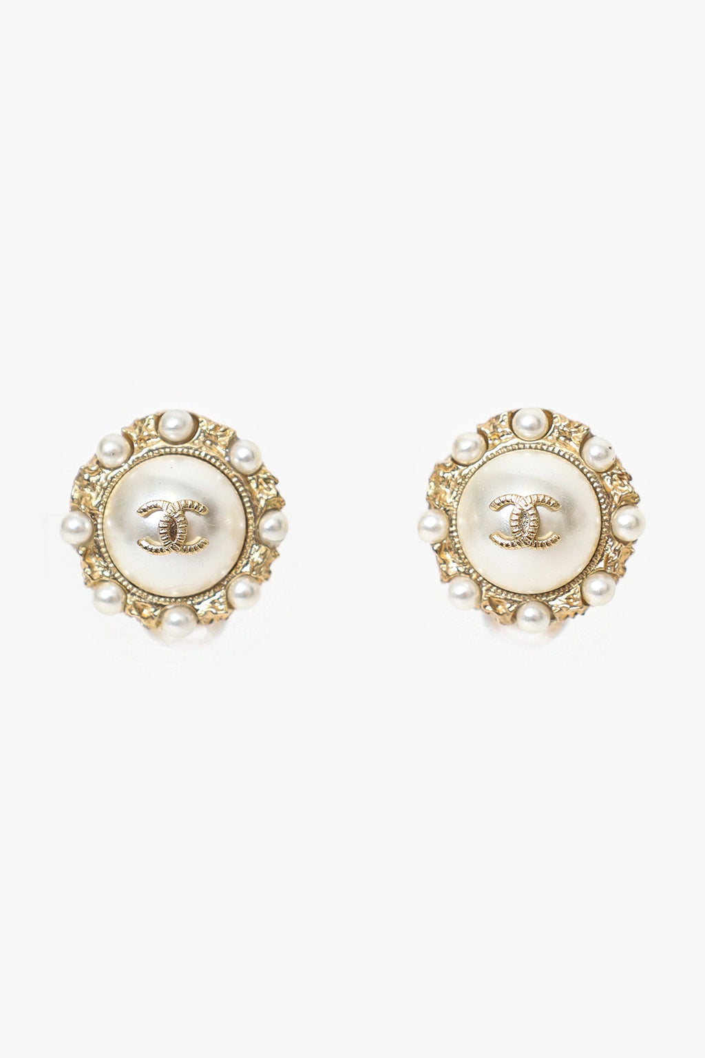 Pre-Loved Chanel™ Gold Tone Faux Pearl CC Logo Stud Earrings