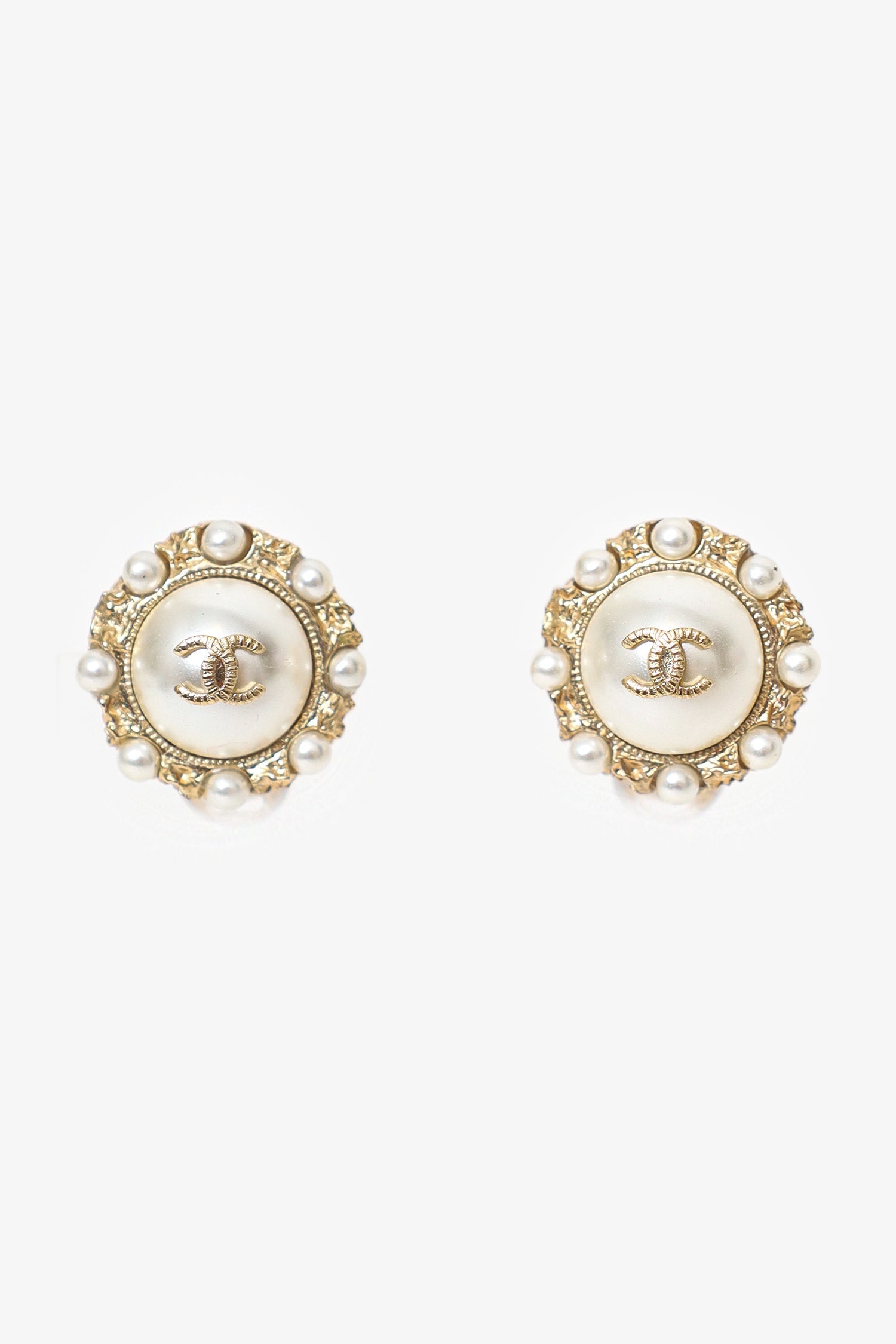 Pre-Loved Chanel™ Gold Tone Faux Pearl CC Logo Stud Earrings
