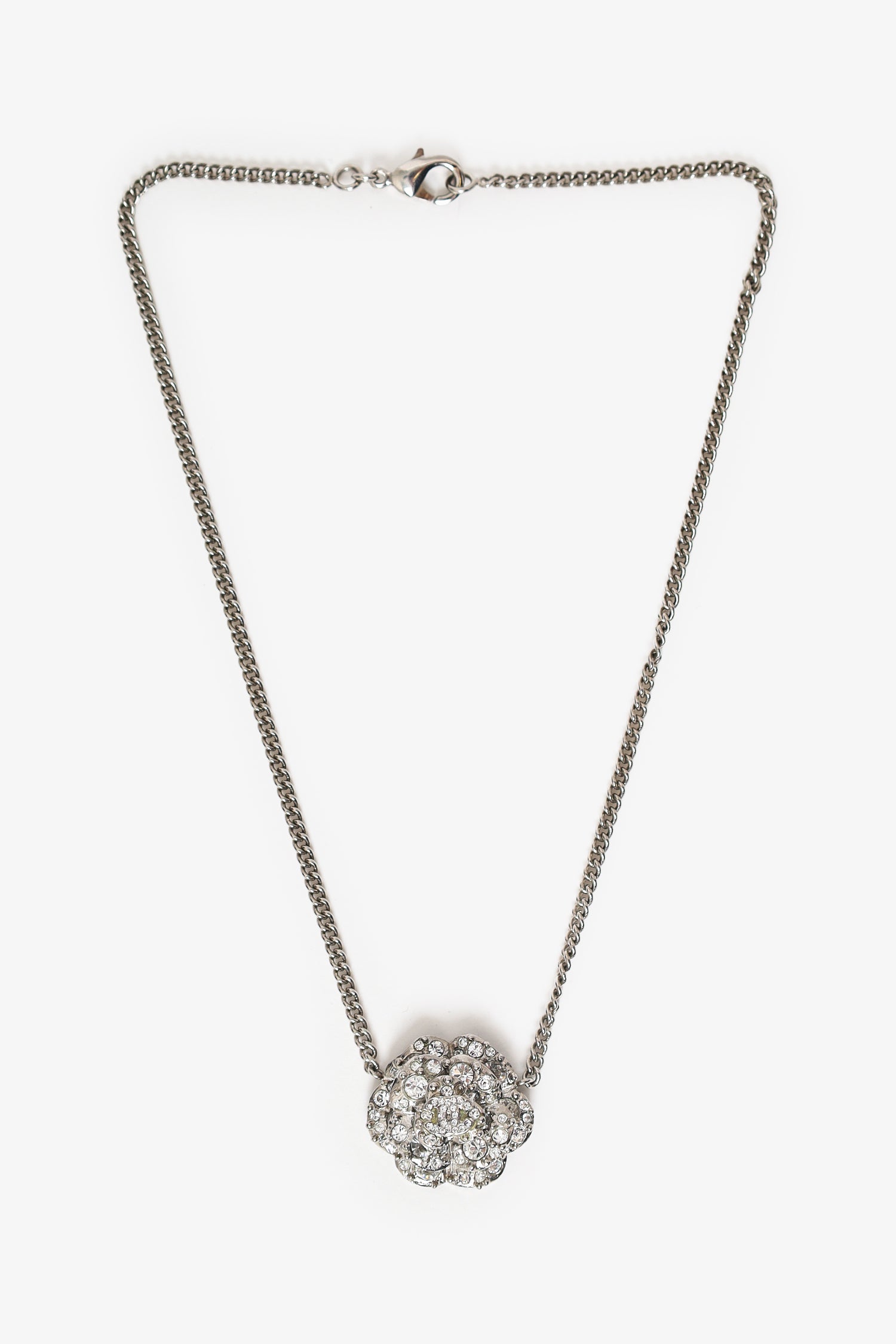 Pre-Loved Chanel™ Silver Tone Crystal Camellia Flower Necklace