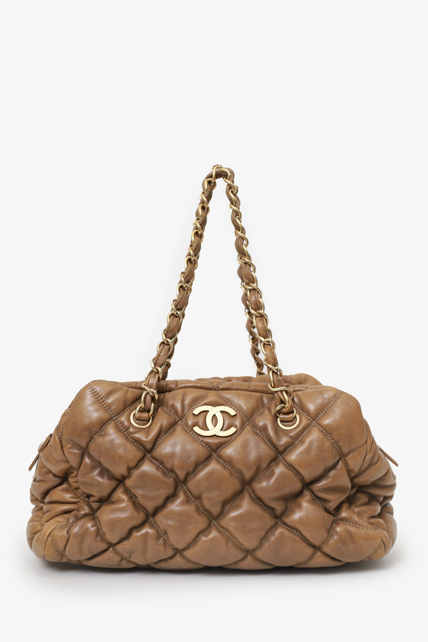 Pre-Loved Chanel™ 2006-08 Beige Lambskin Bubble Quilt Bowling Bag