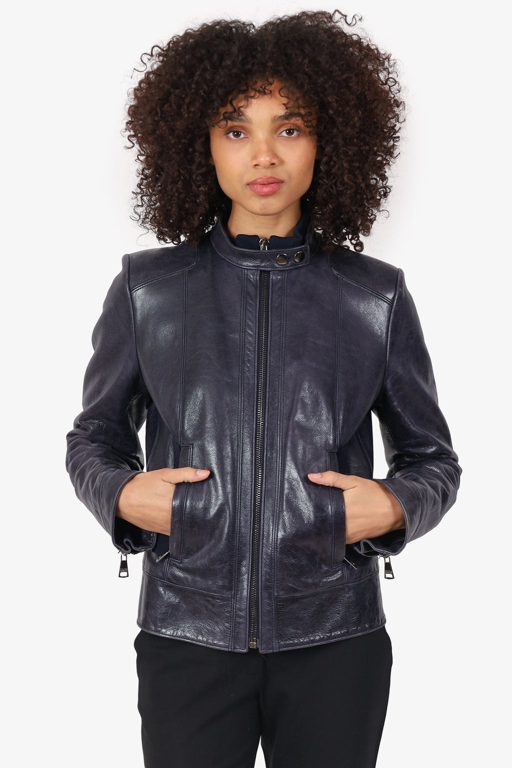 Dolce & Gabbana Navy Leather Biker Jacket Size 44