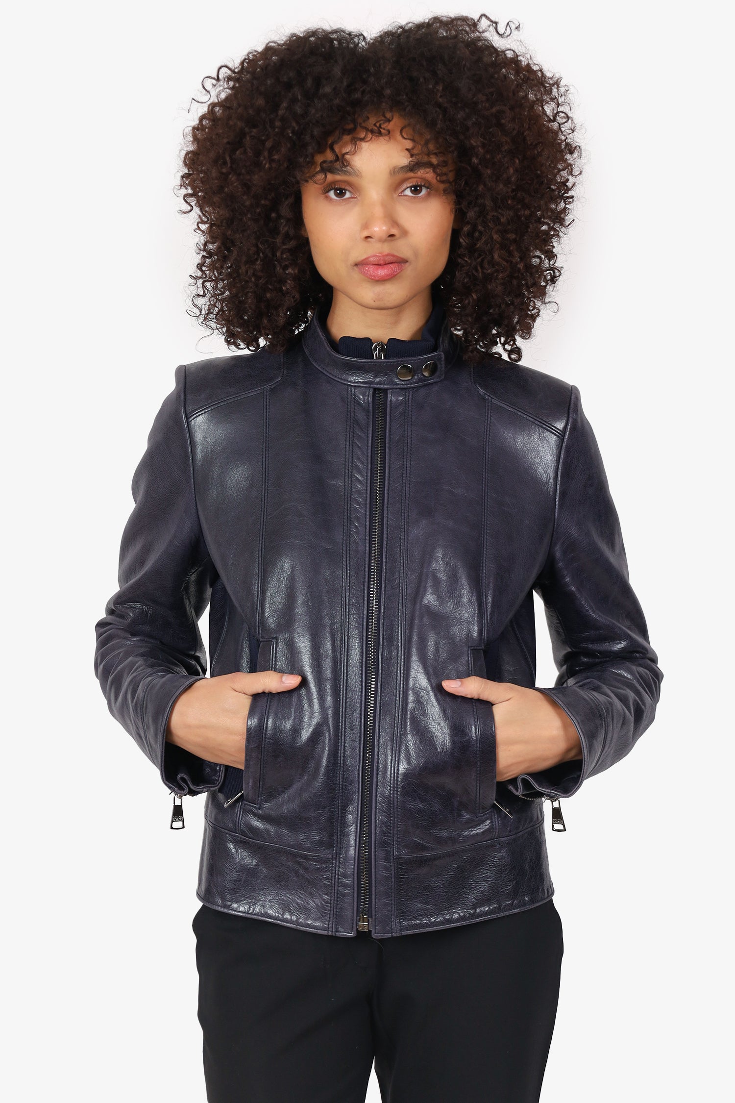 Dolce & Gabbana Navy Leather Biker Jacket Size 44