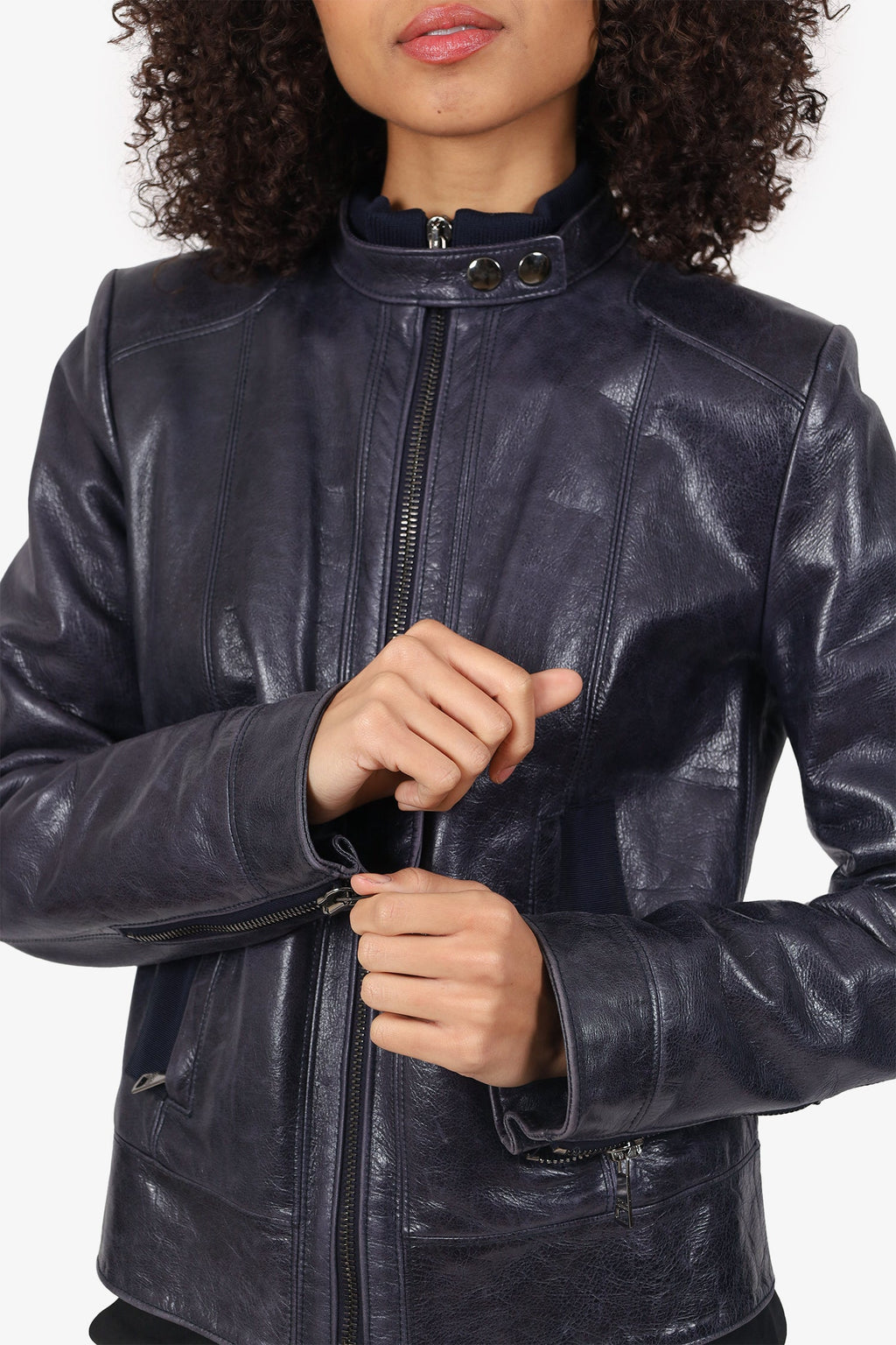 Dolce & Gabbana Navy Leather Biker Jacket Size 44