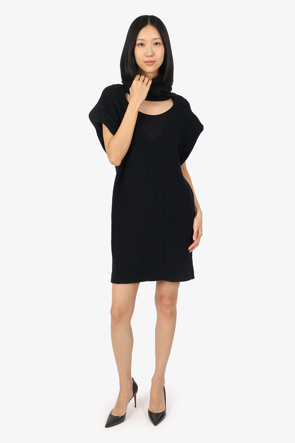 Ronny Kobo Black Knit Sleeveless Shoulder Pad Turtle/V-Neck Mini Dress Estimated Size M