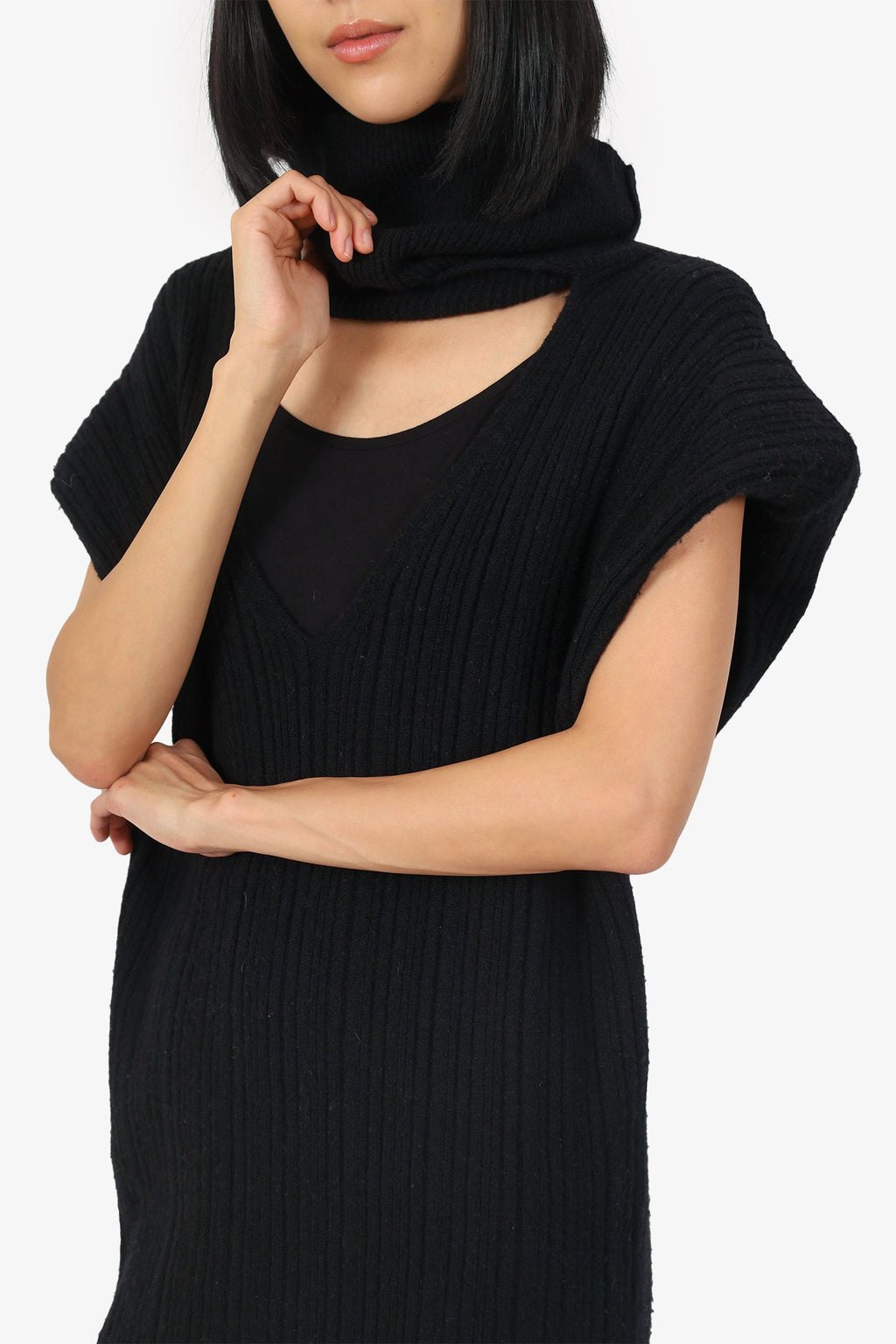 Ronny Kobo Black Knit Sleeveless Shoulder Pad Turtle/V-Neck Mini Dress Estimated Size M