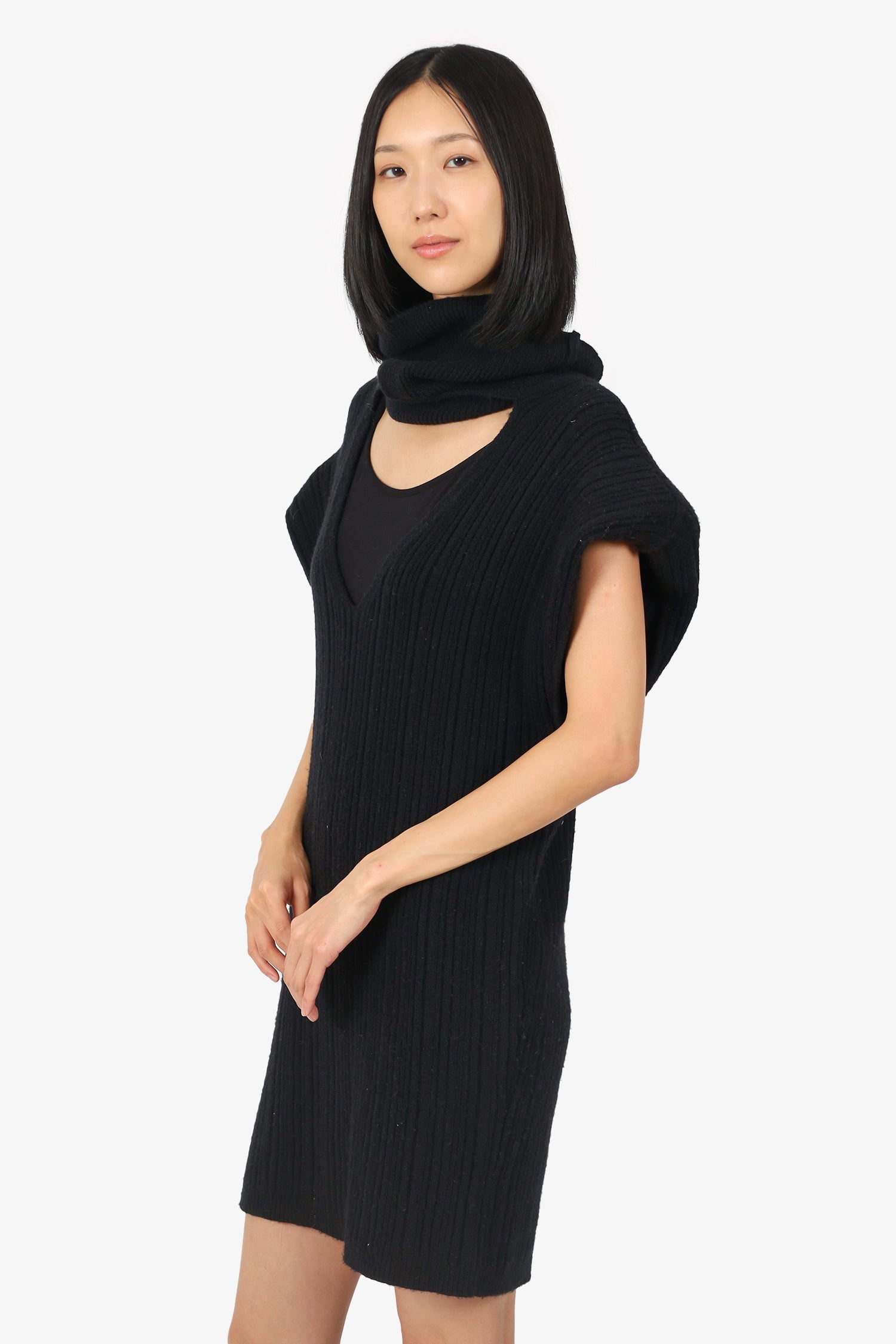 Ronny Kobo Black Knit Sleeveless Shoulder Pad Turtle/V-Neck Mini Dress Estimated Size M