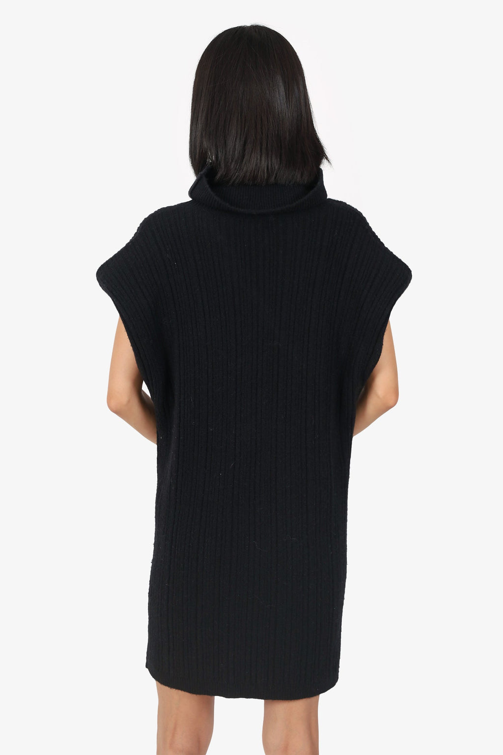 Ronny Kobo Black Knit Sleeveless Shoulder Pad Turtle/V-Neck Mini Dress Estimated Size M