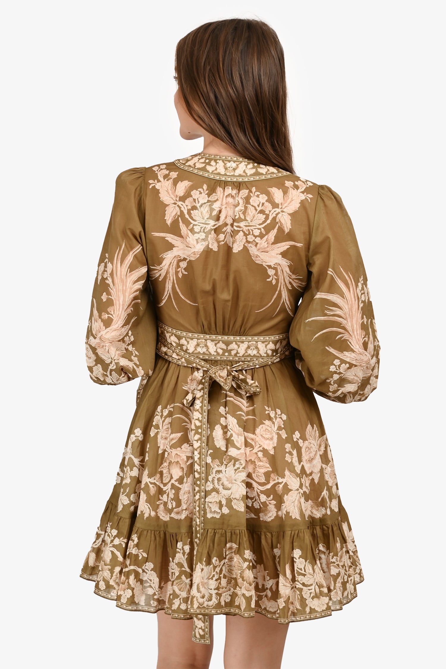 Zimmermann Green Cotton Floral Printed Long Sleeve Mini Wrap Dress Size 0