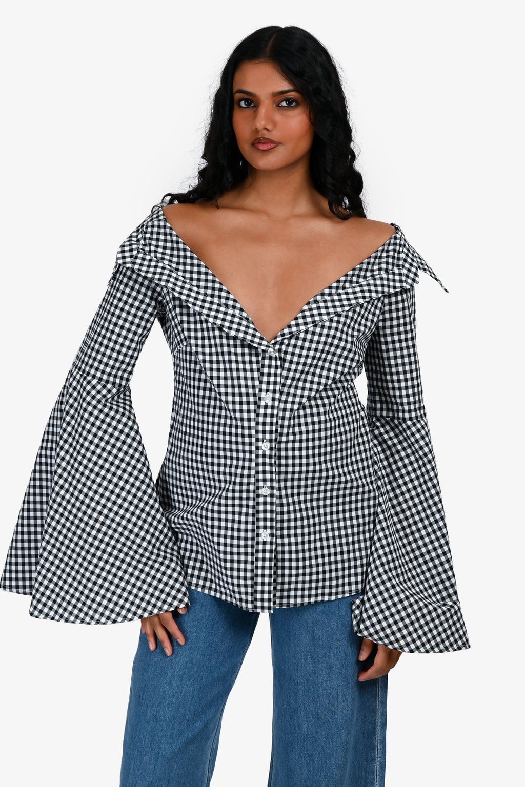 Caroline Constas Black/White Cotton Check Flare Sleeve Button Down Shirt Size M
