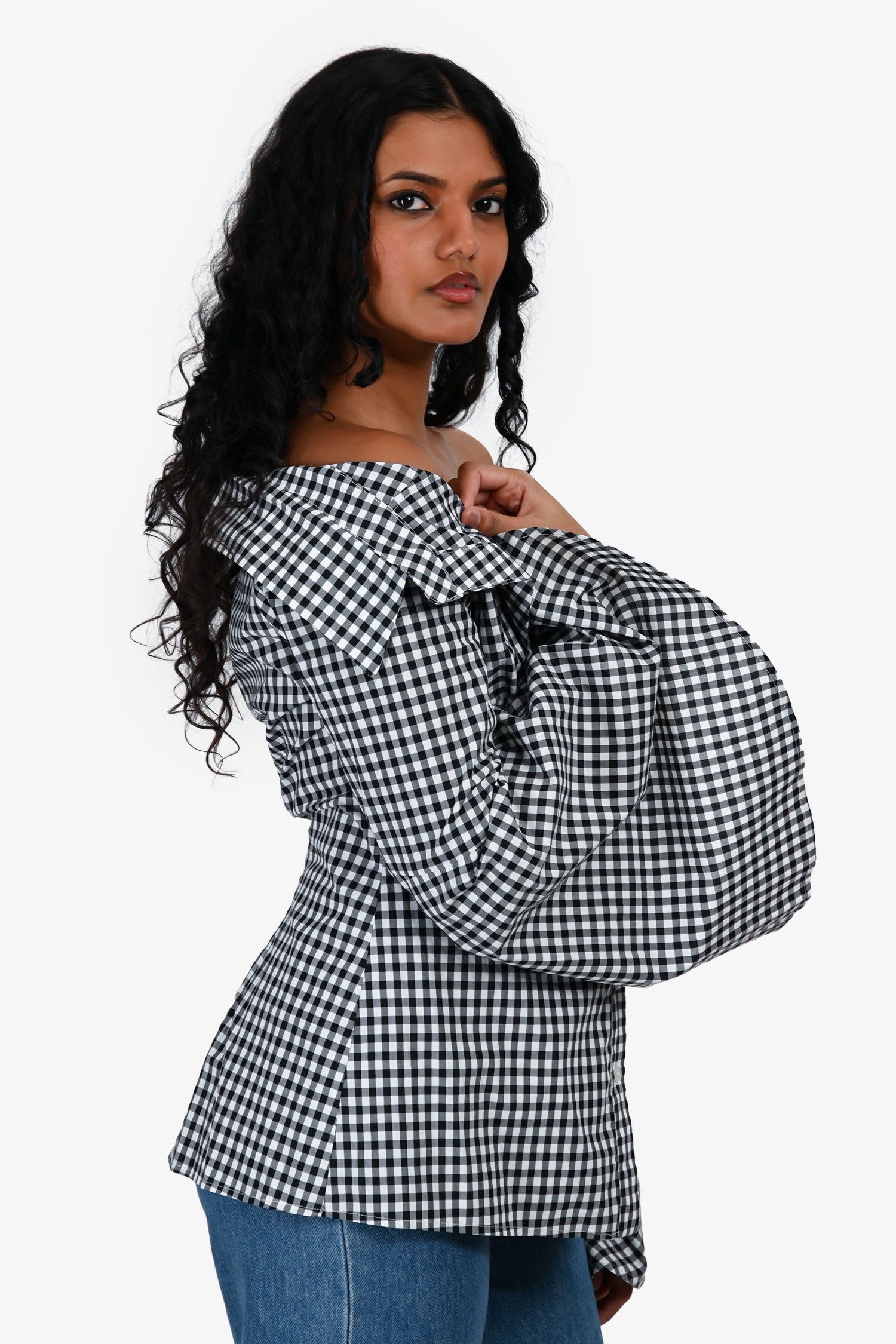 Caroline Constas Black/White Cotton Check Flare Sleeve Button Down Shirt Size M