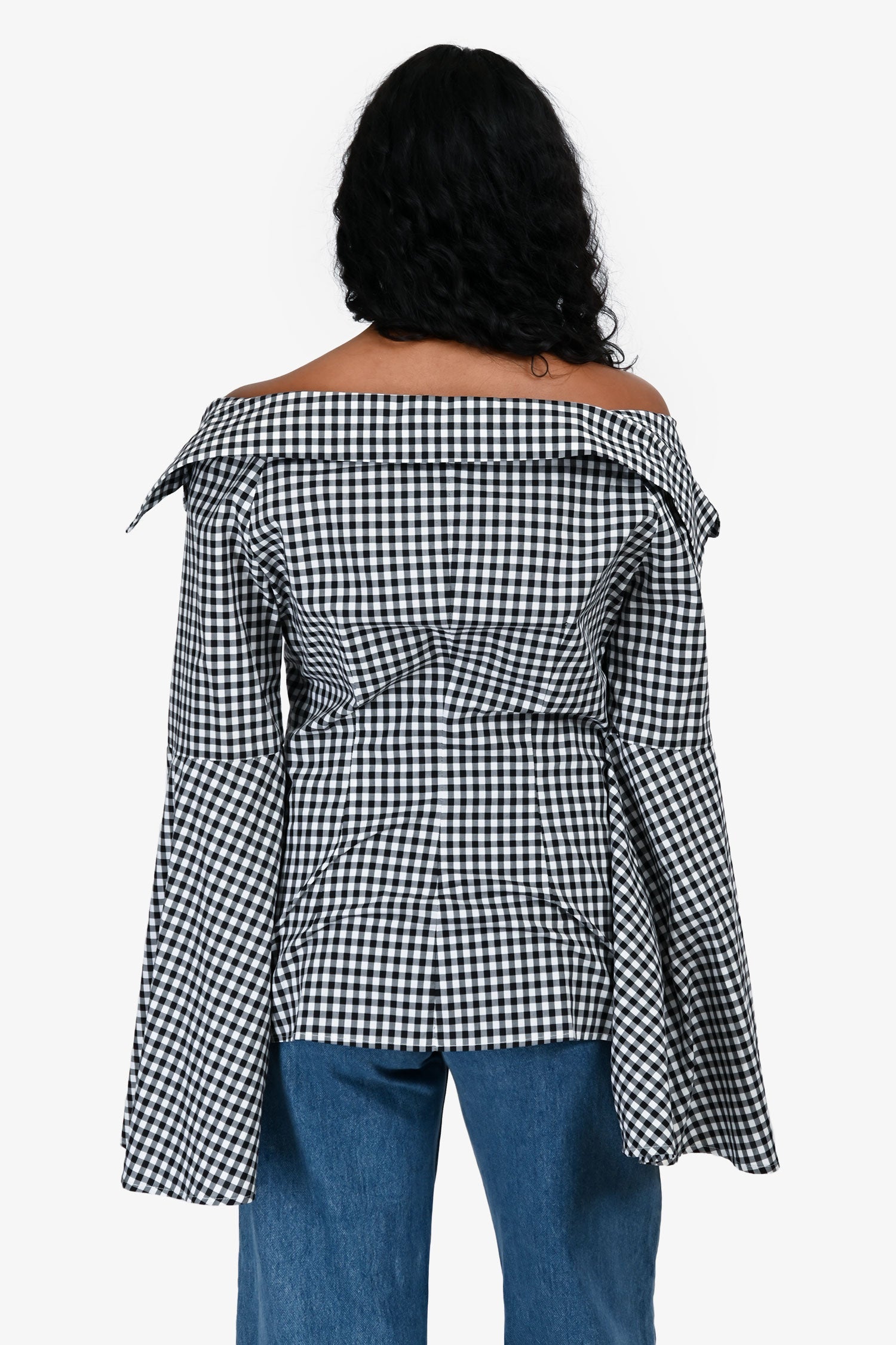 Caroline Constas Black/White Cotton Check Flare Sleeve Button Down Shirt Size M