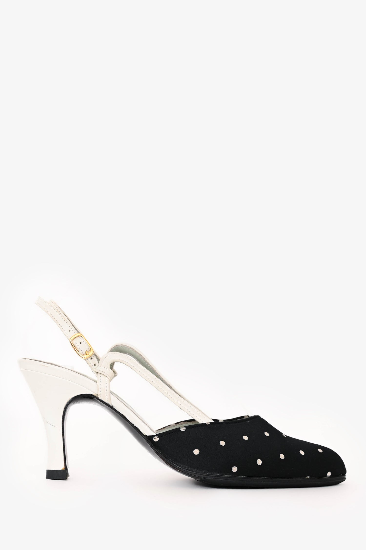 Christian Dior Black/White Satin/Leather Polka Dot Slingback Heels Size 5