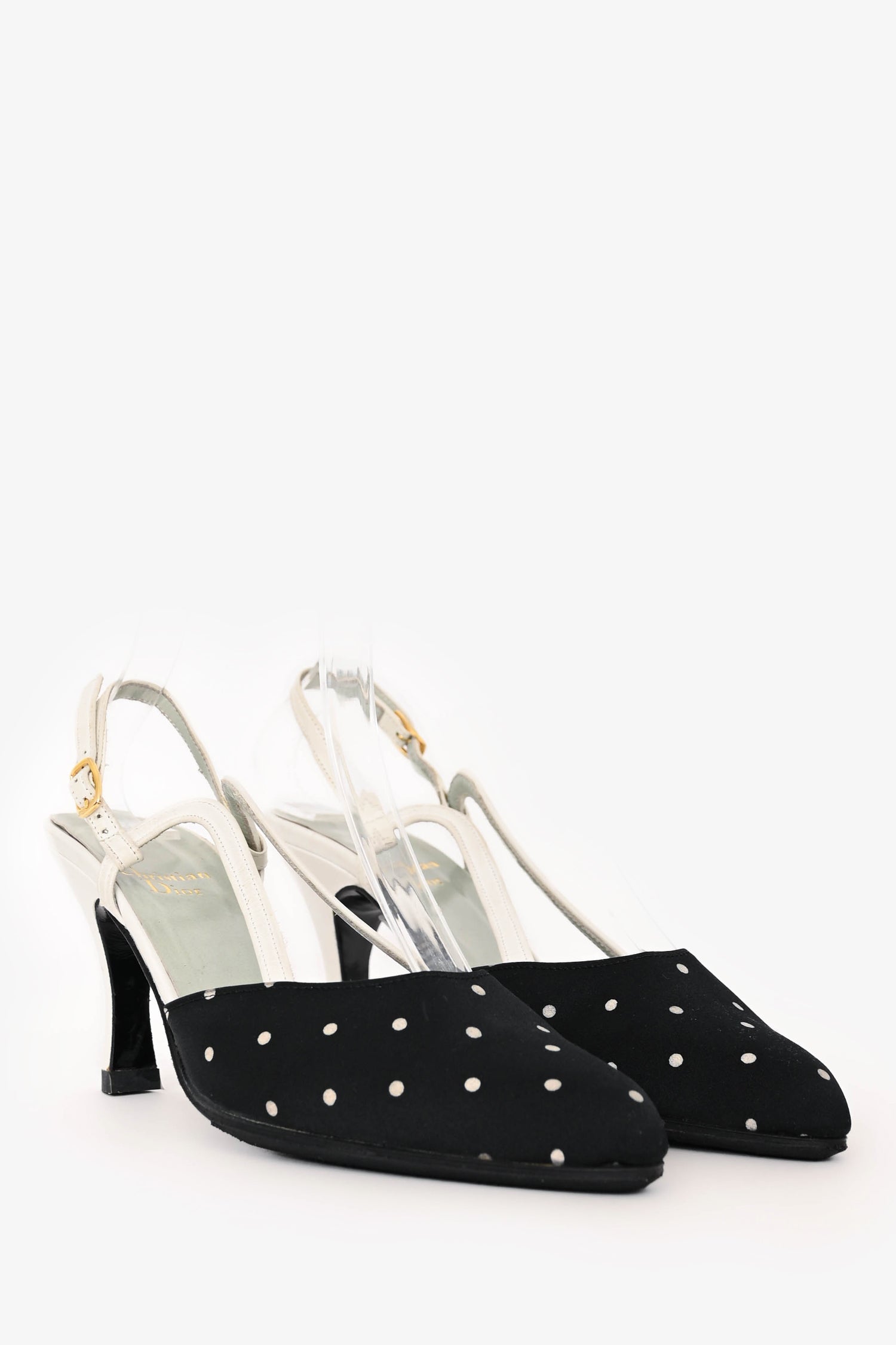 Christian Dior Black/White Satin/Leather Polka Dot Slingback Heels Size 5