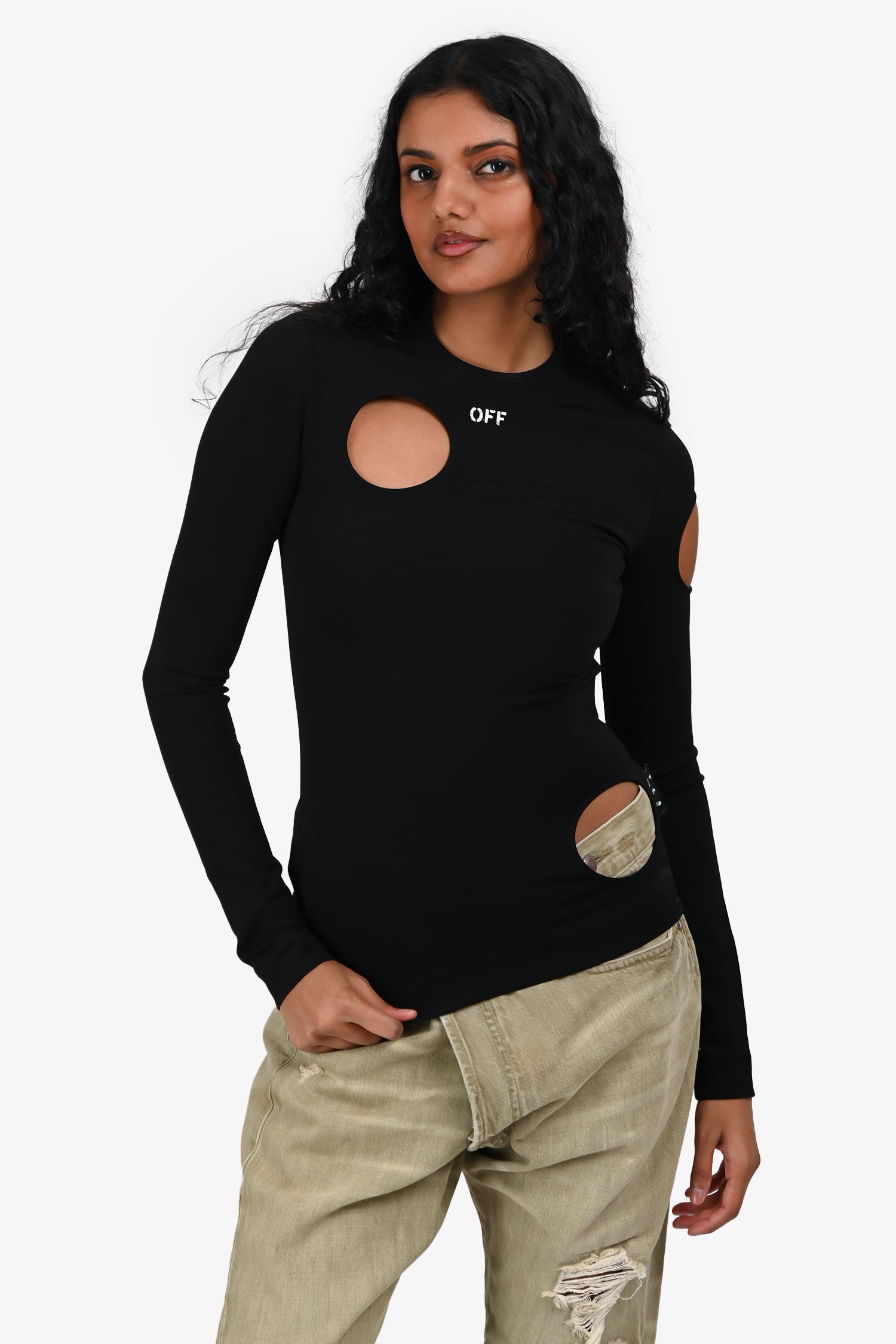 Off-White Black Long Sleeve 'Off' Cut Out Top Size 36