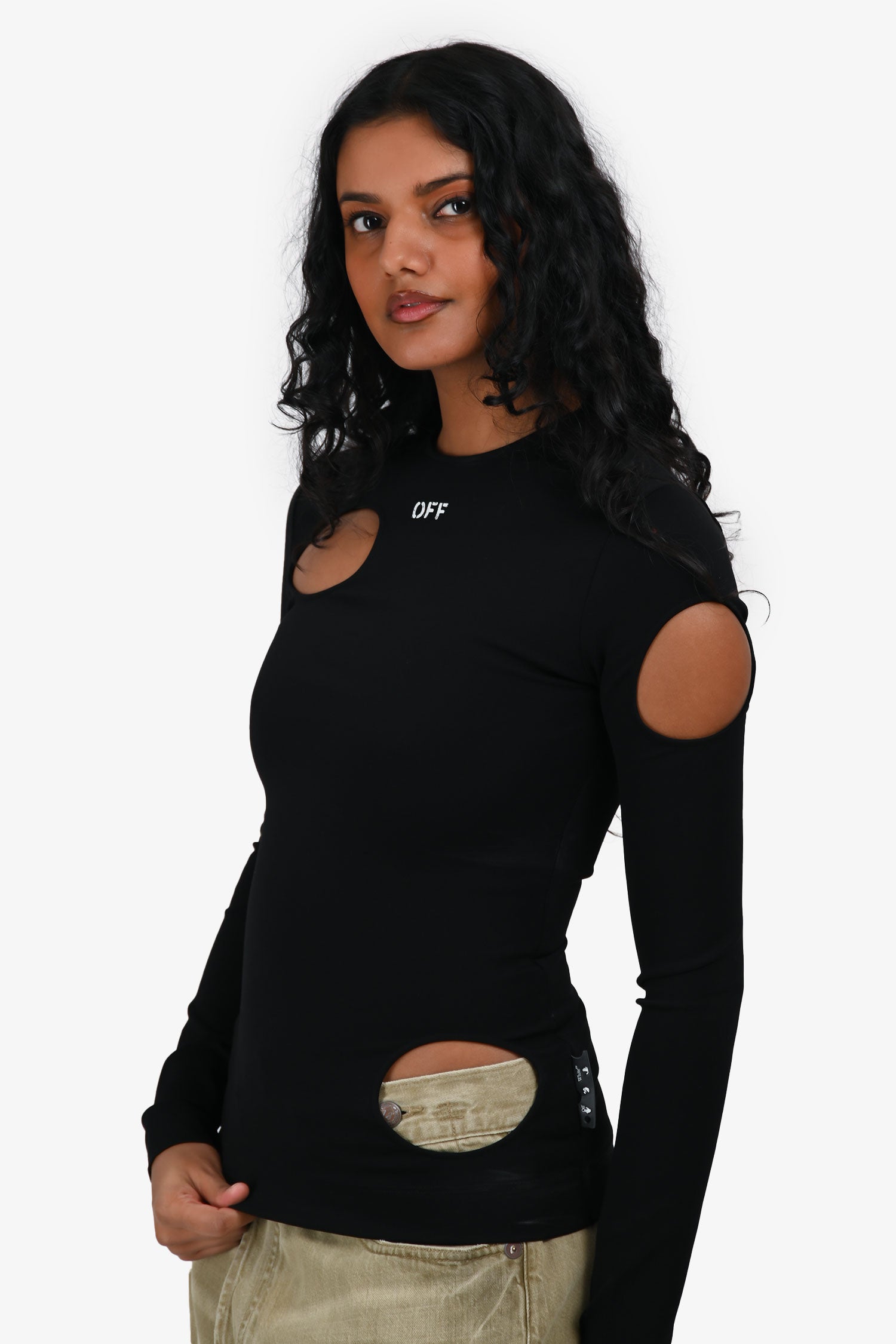 Off-White Black Long Sleeve 'Off' Cut Out Top Size 36