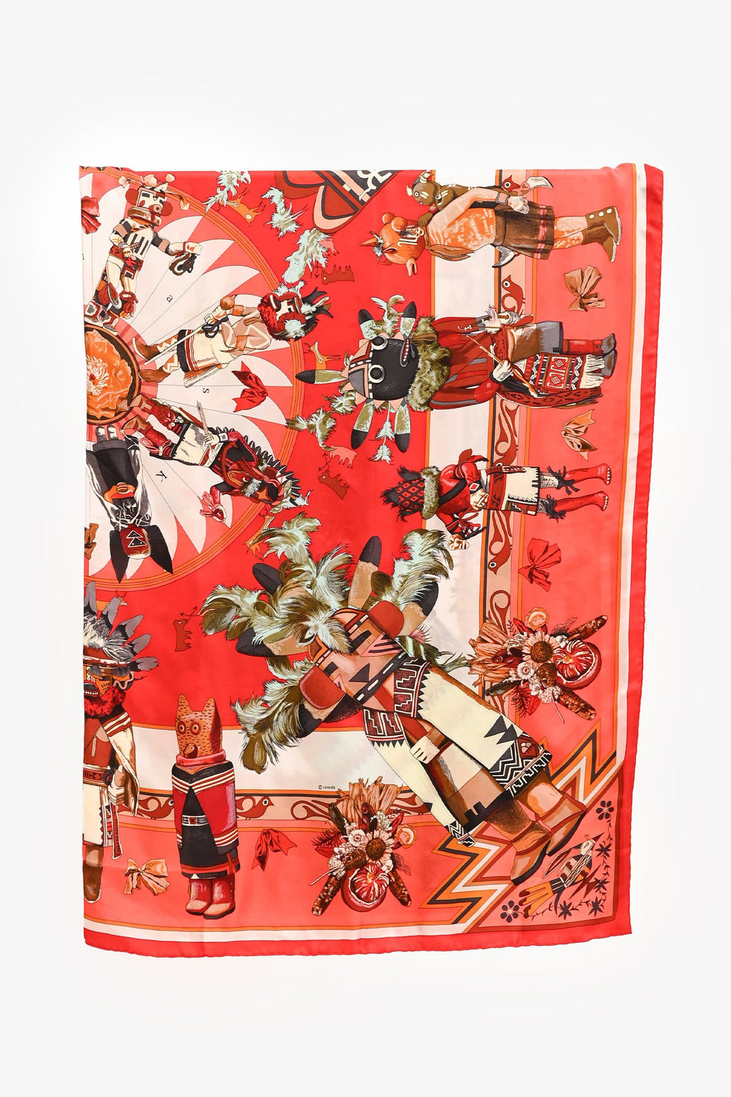 Hermès Red/Orange Silk 'Kachinas' Scarf 140
