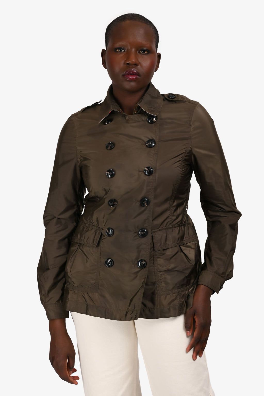 Burberry Brit Green Nylon Double Breasted Short Trench Coat Size 8 US