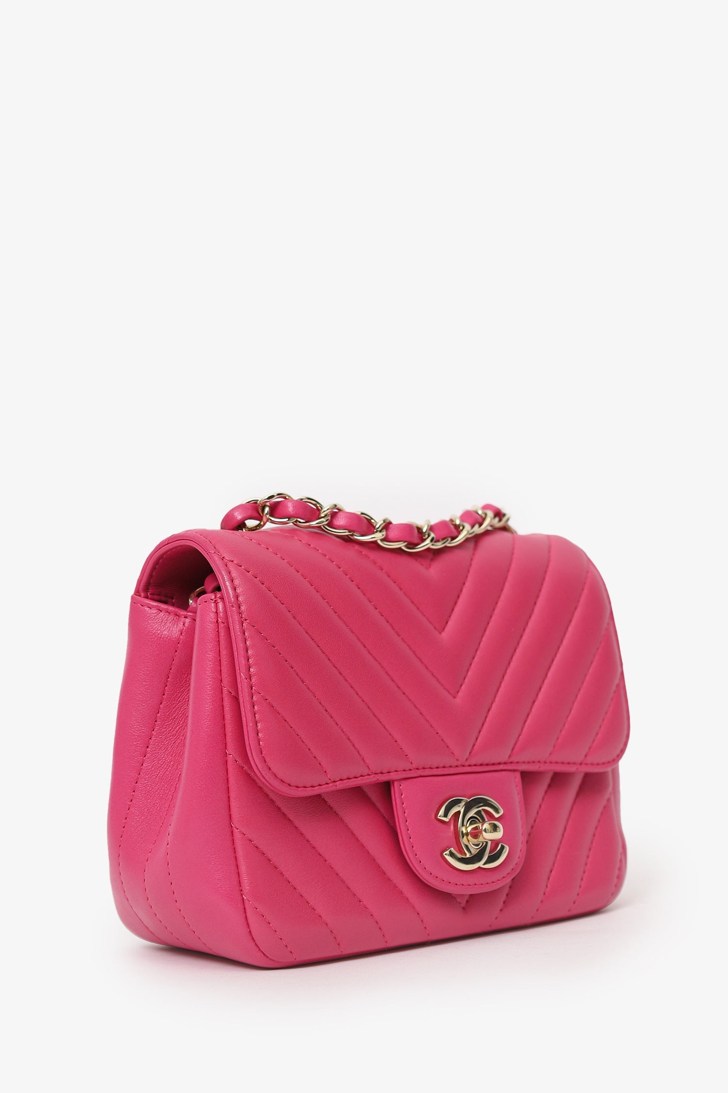 Pre-Loved Chanel™ 2017/18 Pink Leather Chevron Mini Square Flap Bag