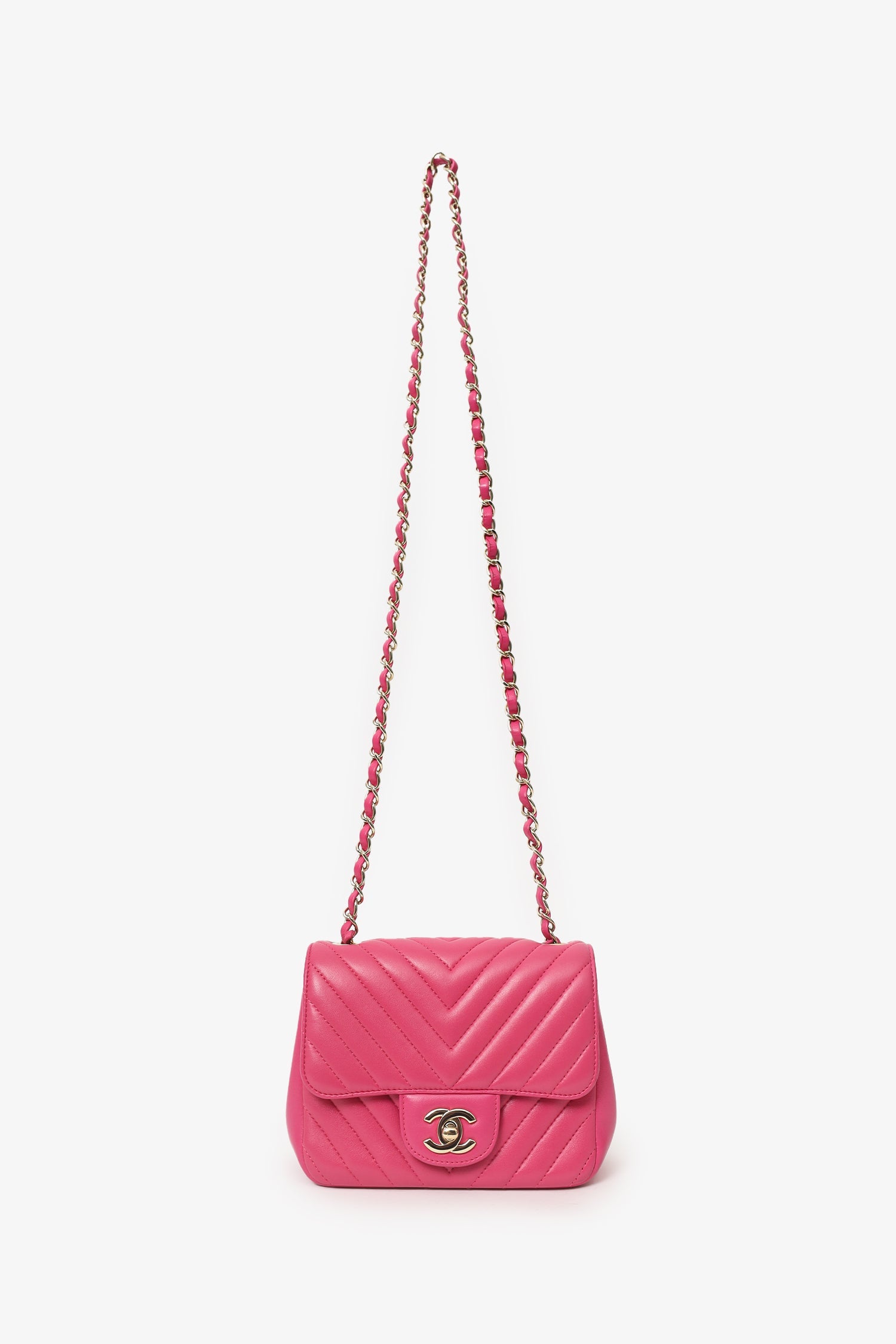 Pre-Loved Chanel™ 2017/18 Pink Leather Chevron Mini Square Flap Bag