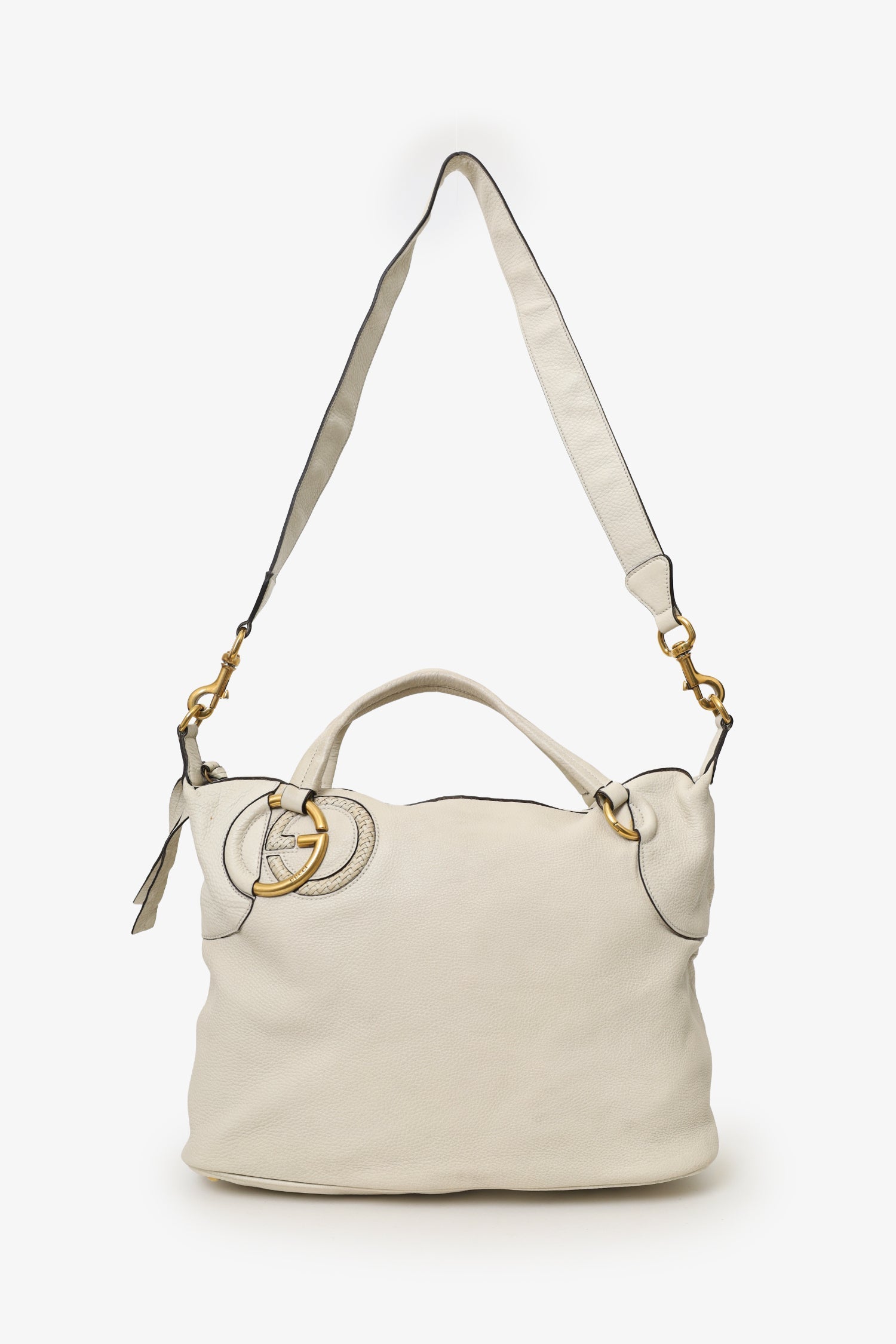 Gucci White Leather Twill Top Handle Bag With Strap