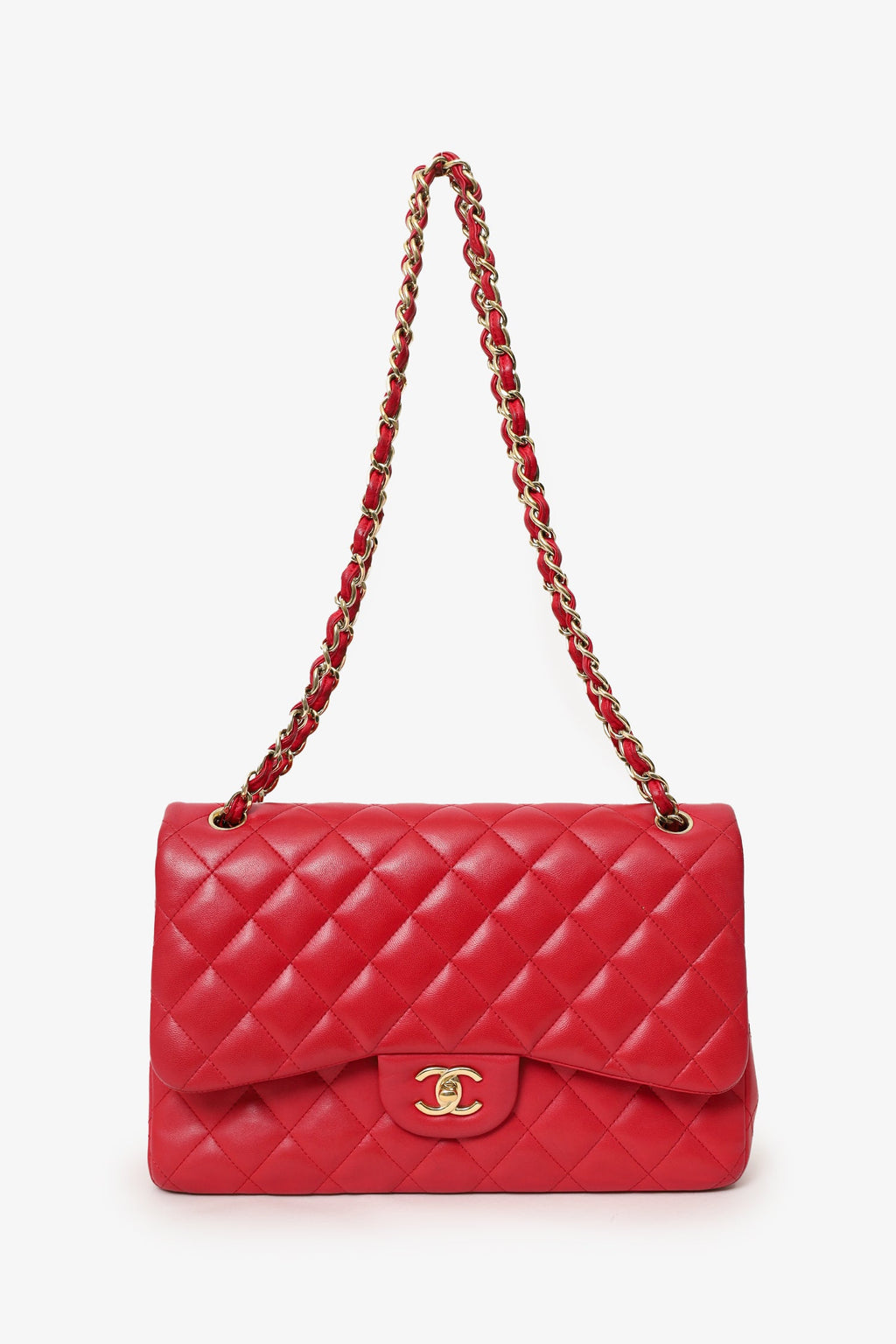 Pre-Loved Chanel™ 2015-16 Red Lambskin Quilted Classic Jumbo Flap Bag