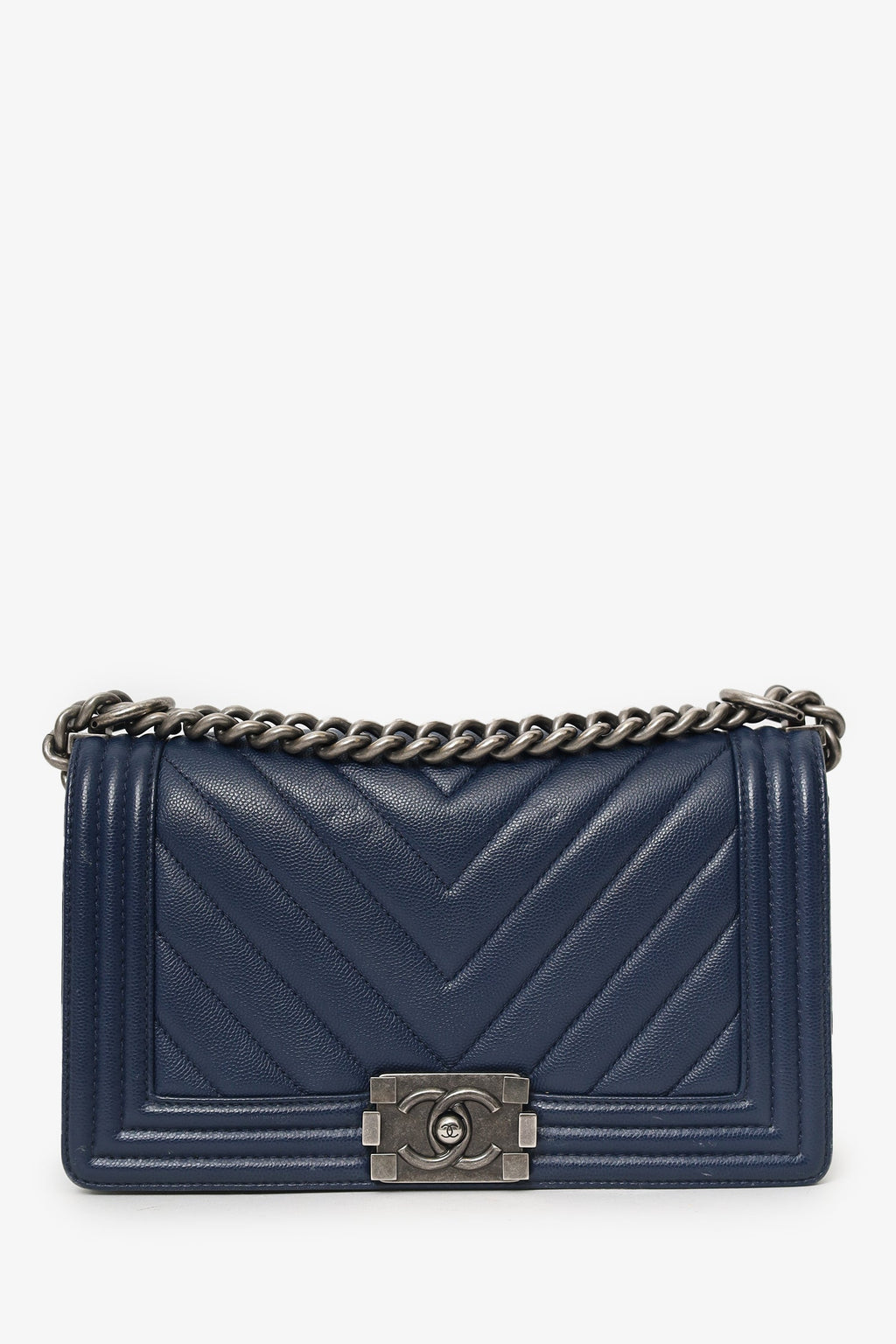 Pre-Loved Chanel™ 2017-18 Navy Caviar Chevron Medium Boy Bag