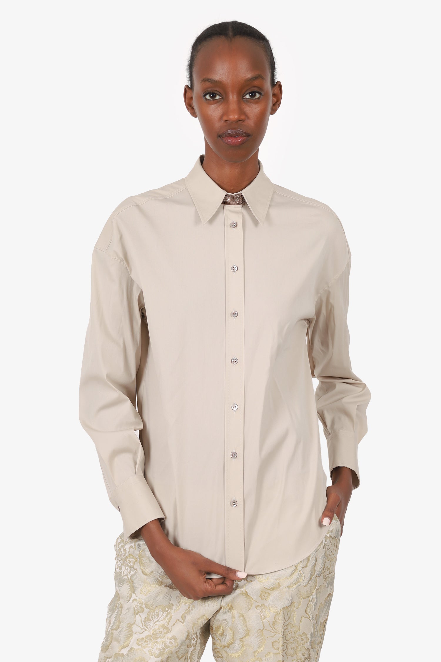 Brunello Cucinelli Beige Cotton Beaded Detail Shirt Size XS