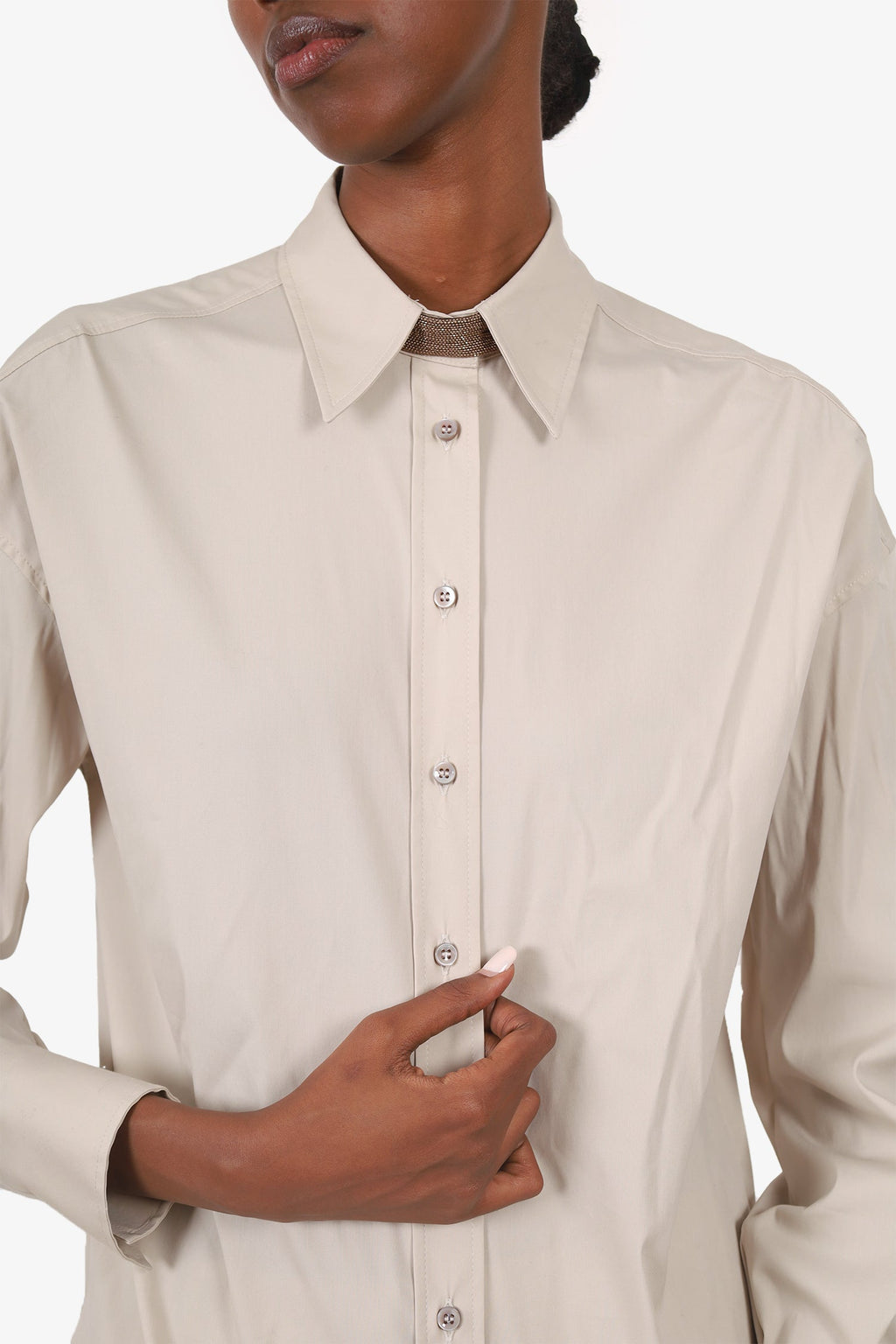 Brunello Cucinelli Beige Cotton Beaded Detail Shirt Size XS