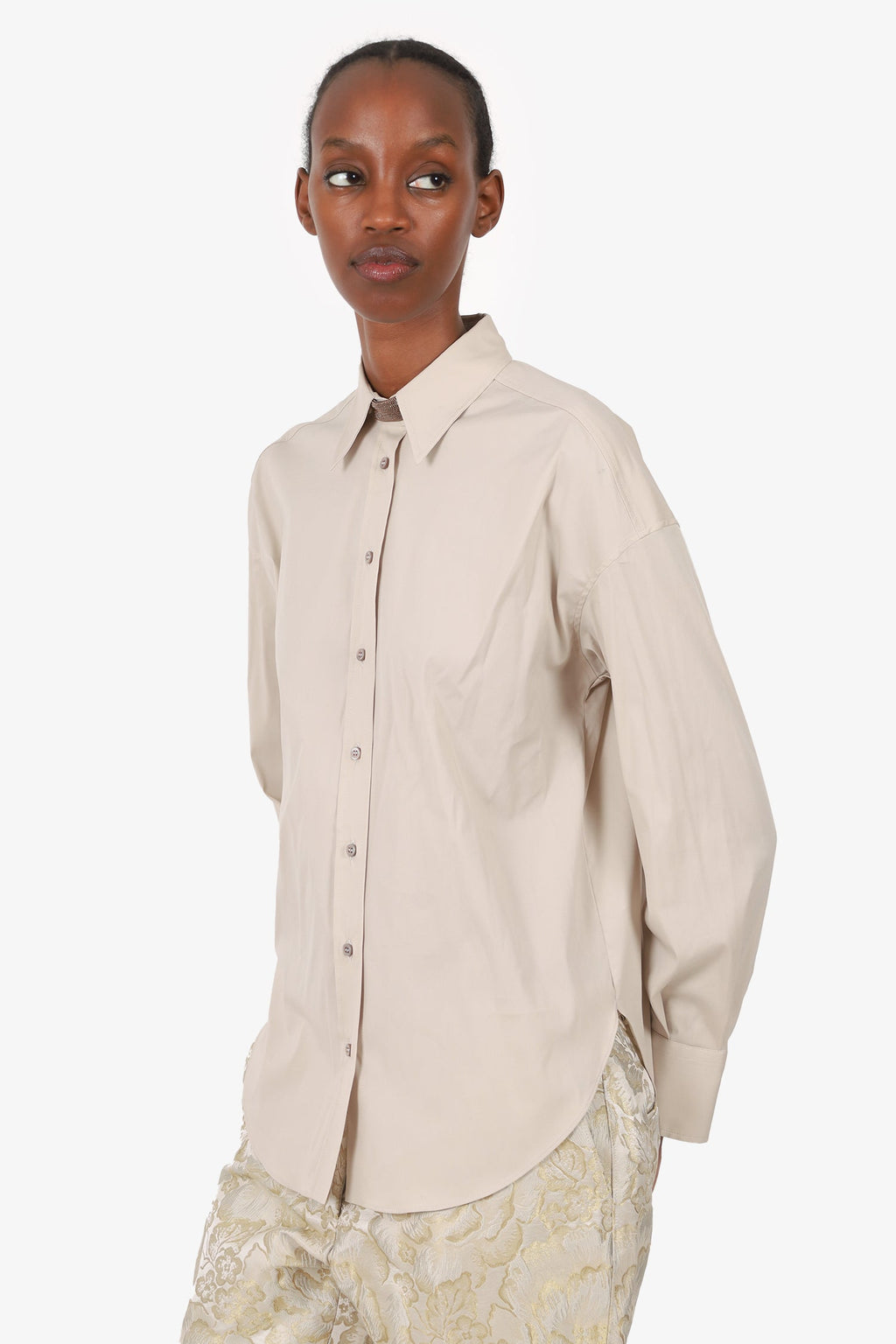 Brunello Cucinelli Beige Cotton Beaded Detail Shirt Size XS