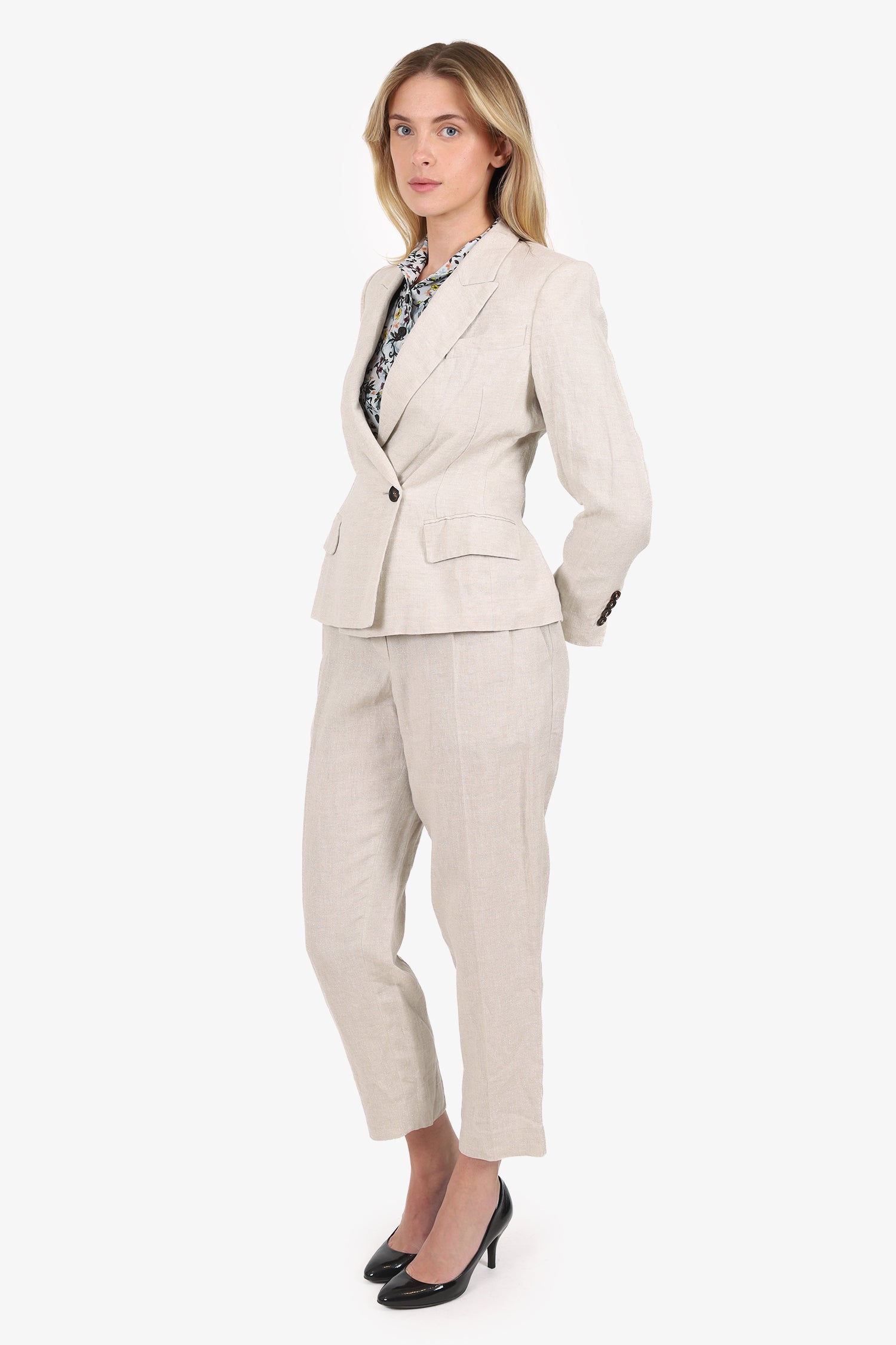 Brunello Cucinelli Beige Linen Sparkly Jacket + Trousers Size 38