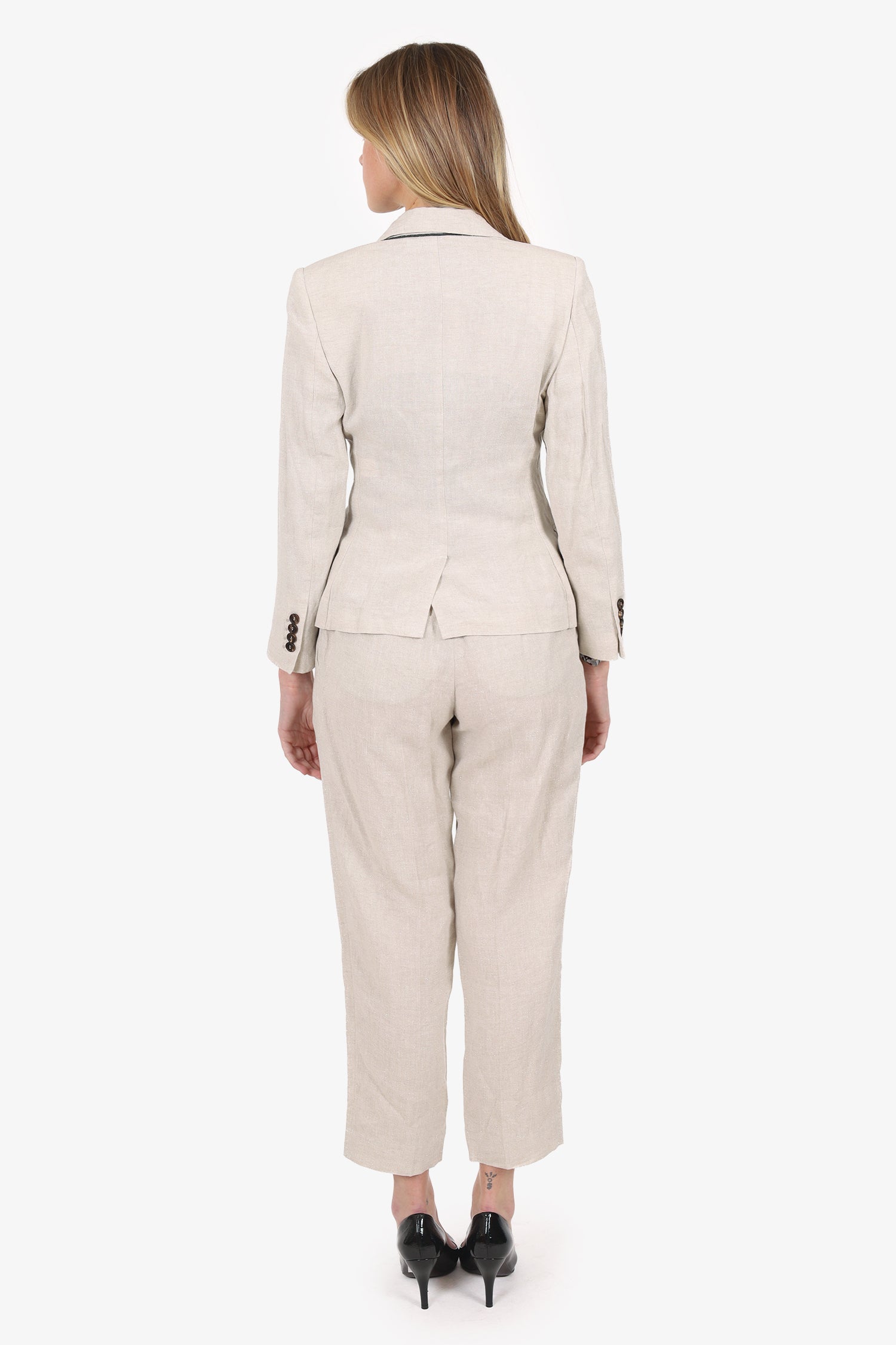 Brunello Cucinelli Beige Linen Sparkly Jacket + Trousers Size 38