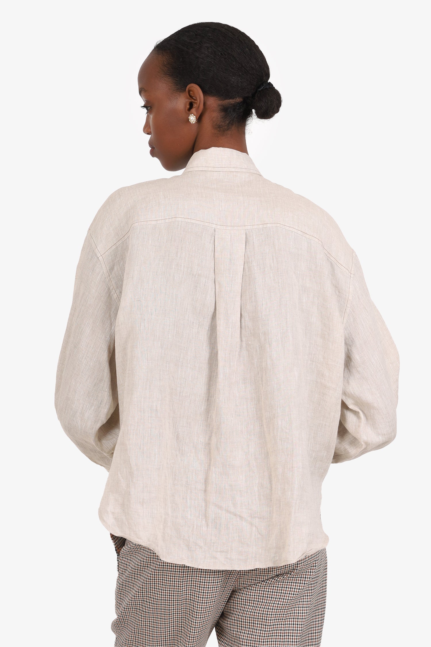 Brunello Cicinelli Beige Linen Beaded Detail Blouse Size XS