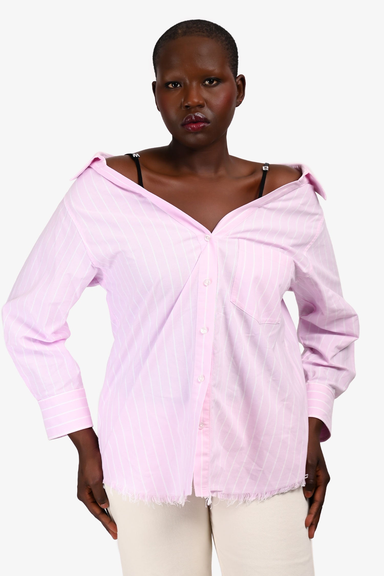 Alexander Wang Pink/White Embellish Straps Cotton Frayed Button Down Top Size 6
