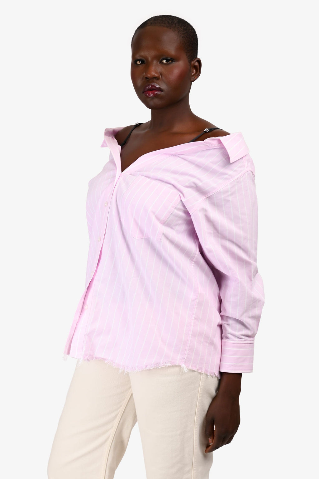 Alexander Wang Pink/White Embellish Straps Cotton Frayed Button Down Top Size 6
