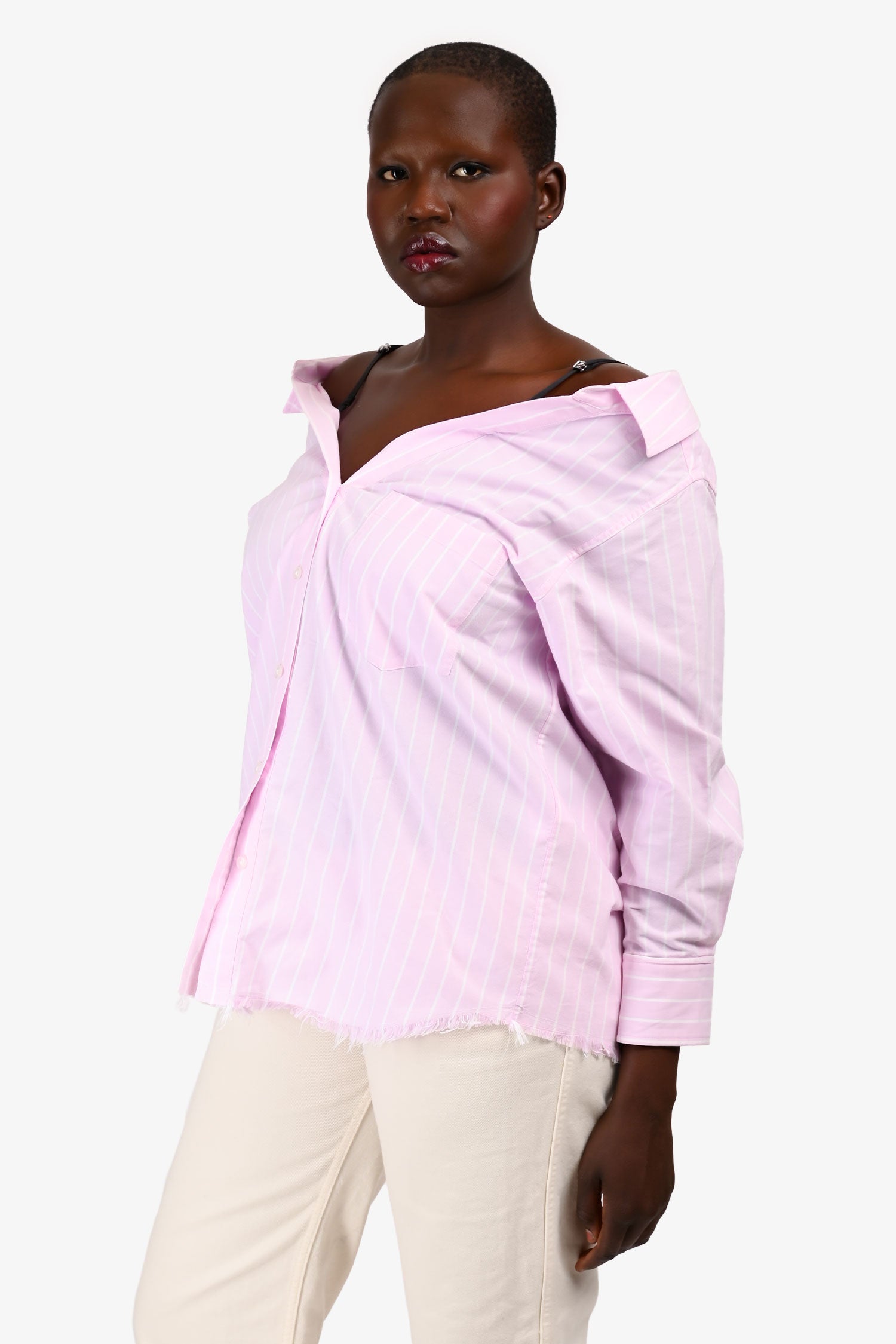 Alexander Wang Pink/White Embellish Straps Cotton Frayed Button Down Top Size 6