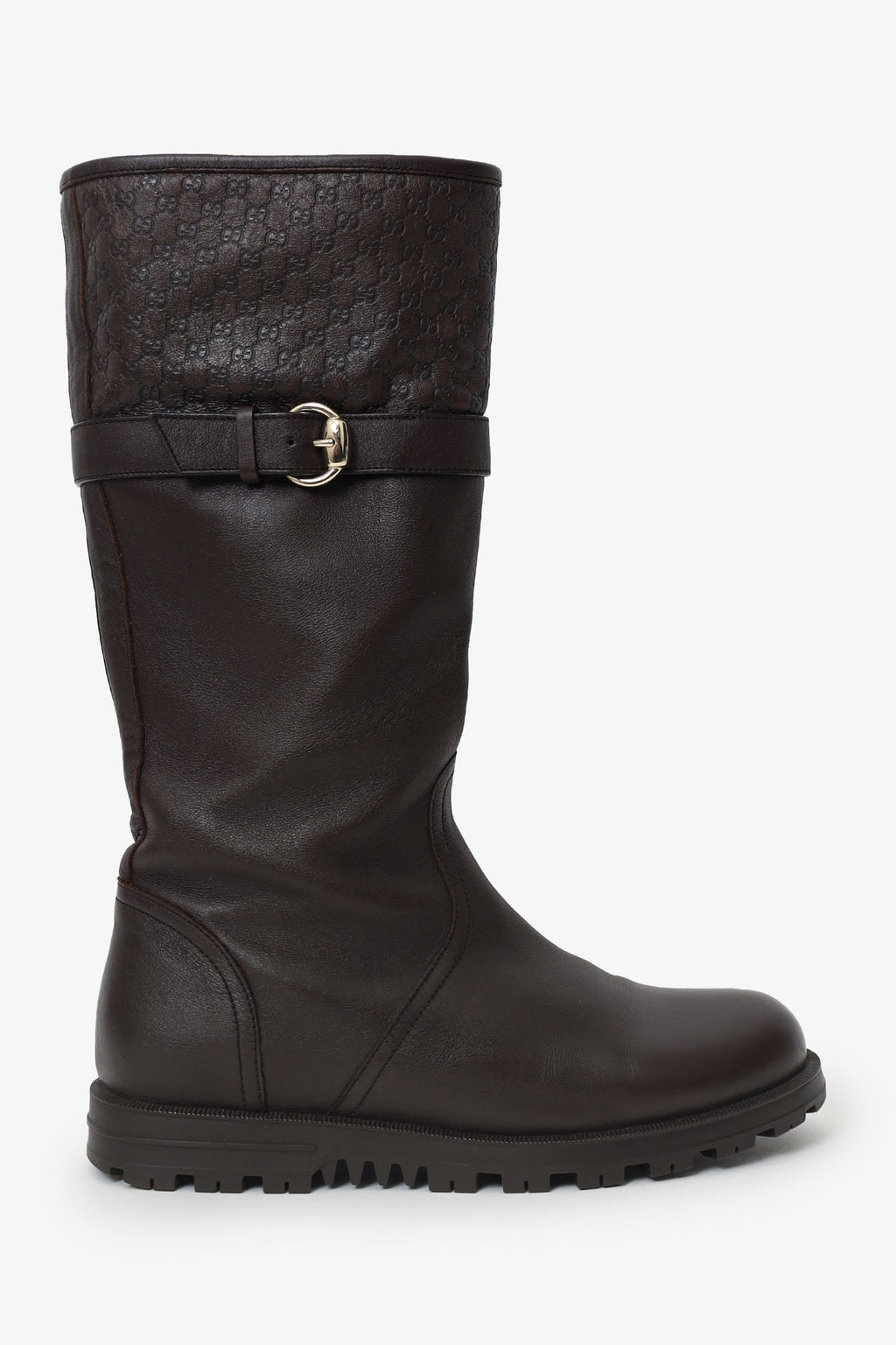 Gucci Brown Leather Monogram Embossed Biker Boots Size 36.5