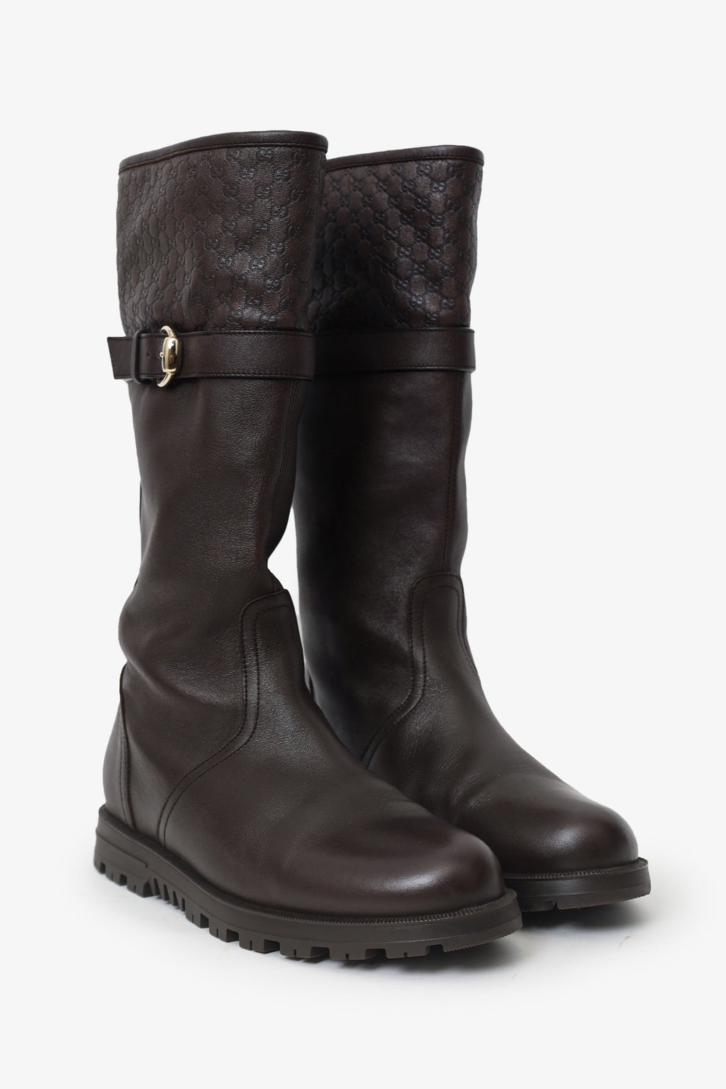 Gucci Brown Leather Monogram Embossed Biker Boots Size 36.5