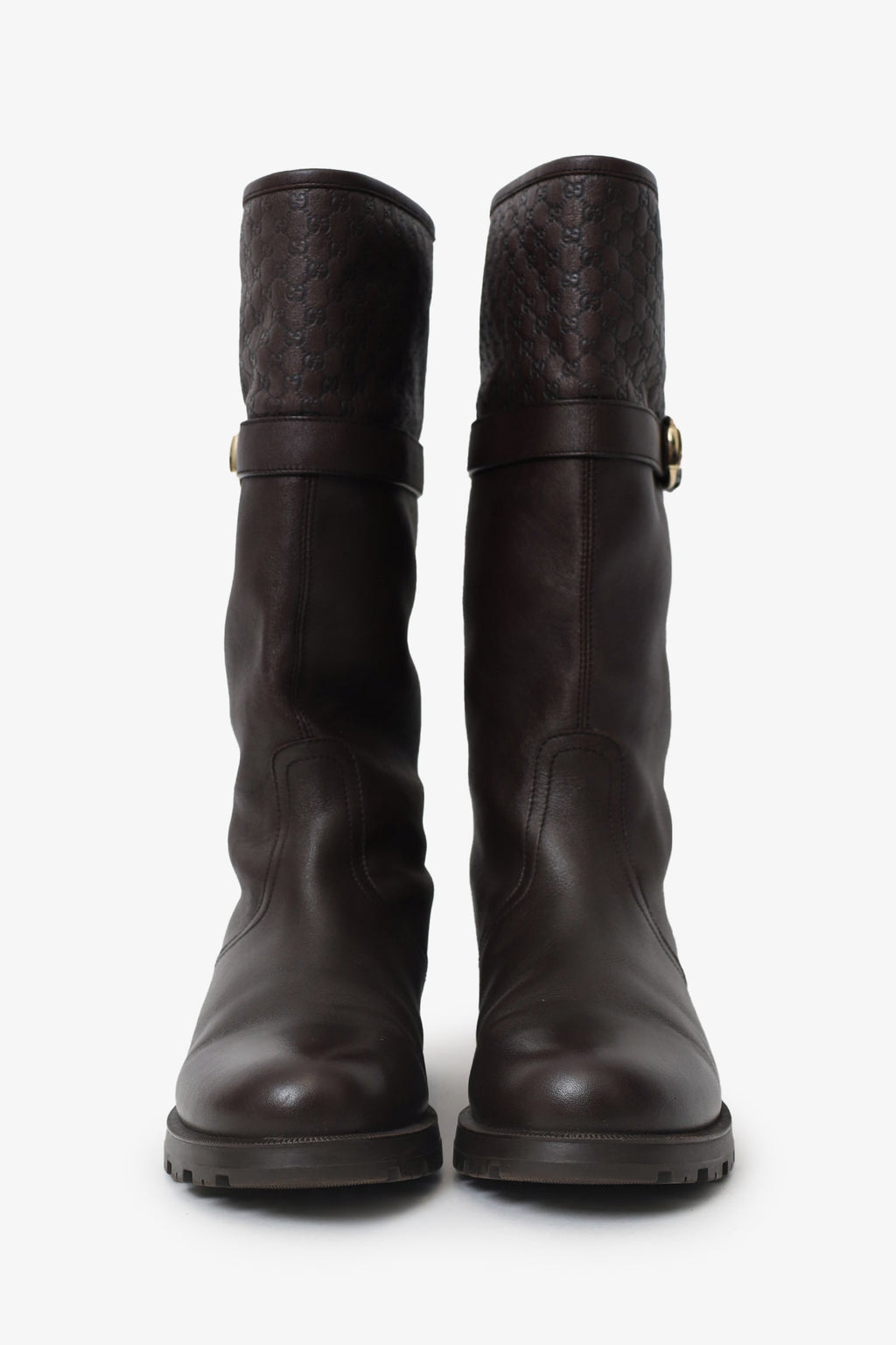 Gucci Brown Leather Monogram Embossed Biker Boots Size 36.5