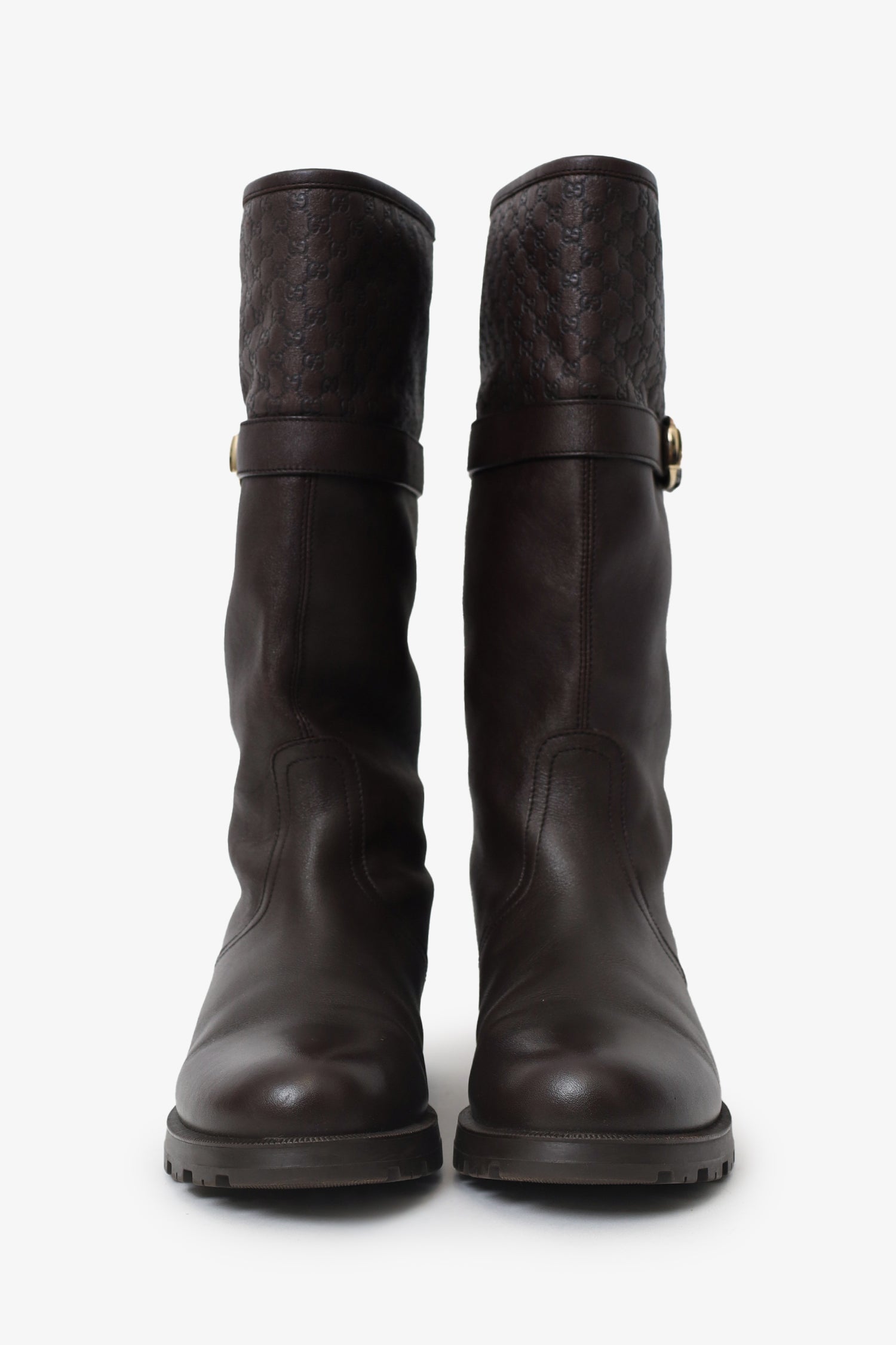 Gucci Brown Leather Monogram Embossed Biker Boots Size 36.5